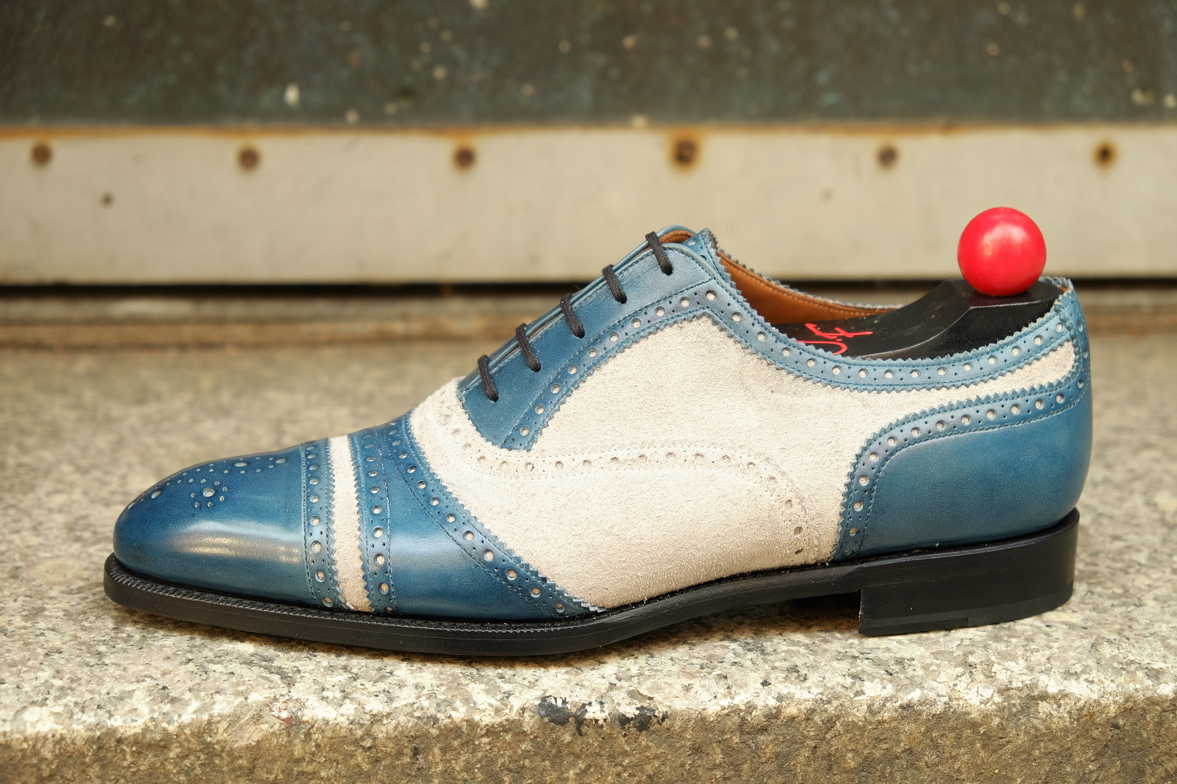 Phillips MTO - Shaded Teal Calf / Pearl Suede - NGT Last - Single Leather Sole-Made To Order Captoe Cap Toe Tarsal Brogue Spectator Oxfords-J.FitzPatrick Footwear