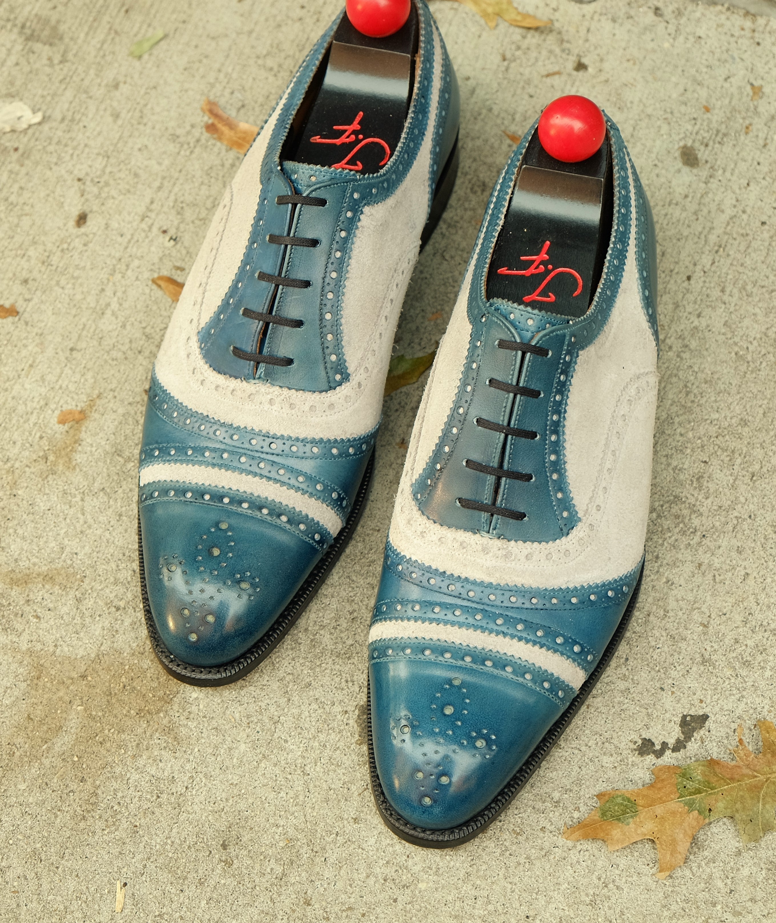 Phillips MTO - Shaded Teal Calf / Pearl Suede - NGT Last - Single Leather Sole-Made To Order Captoe Cap Toe Tarsal Brogue Spectator Oxfords-J.FitzPatrick Footwear