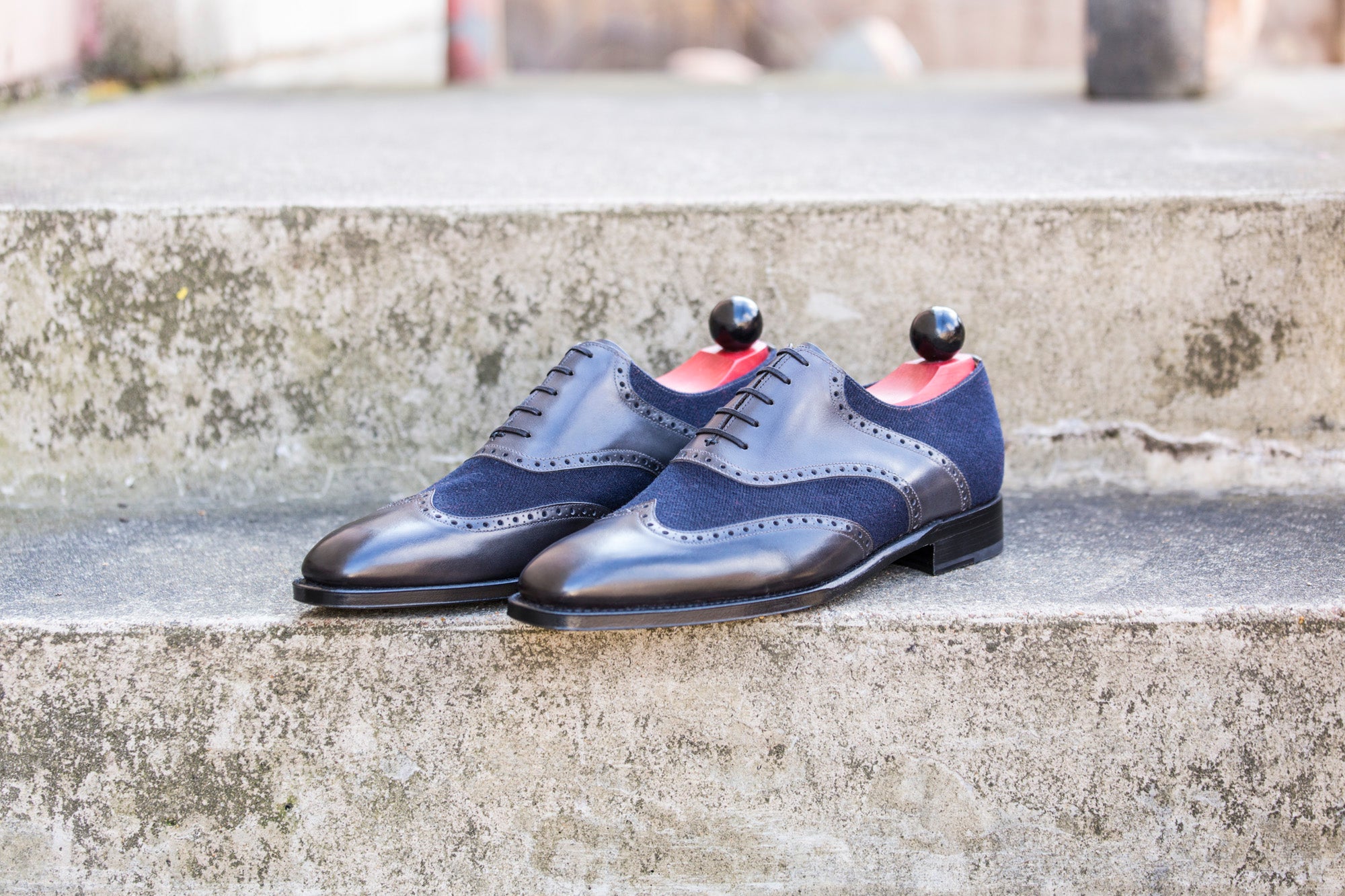 Phinney II - MTO - Shaded Grey Calf / Navy Tukwila - LPB Last - Single Leather Sole-Made To Order Wingtip Saddle Shoe Brogue Oxfords-J.FitzPatrick Footwear
