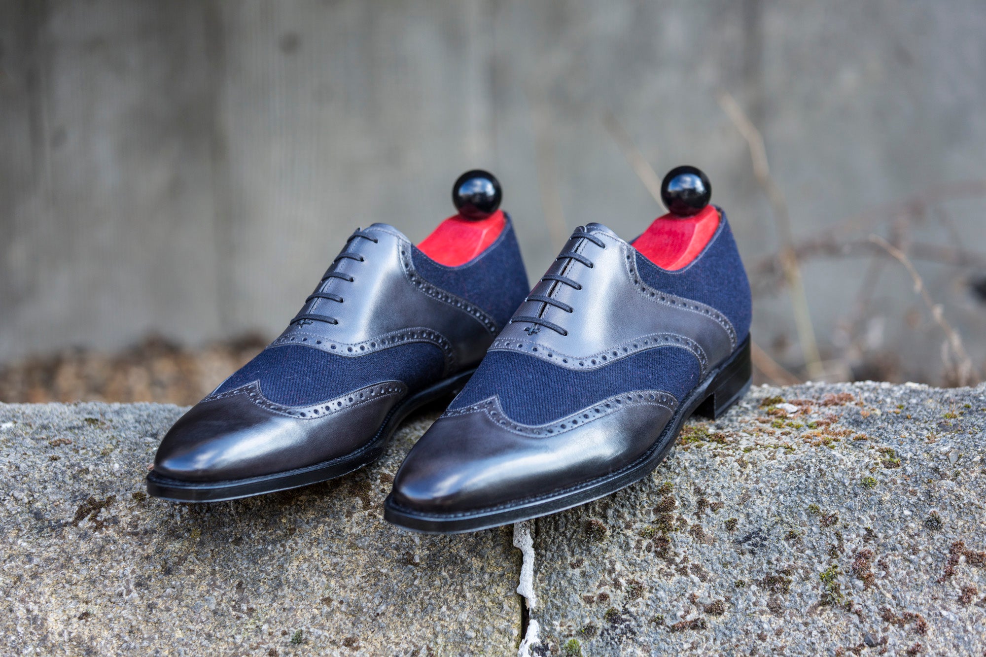 Phinney II - MTO - Shaded Grey Calf / Navy Tukwila - LPB Last - Single Leather Sole-Made To Order Wingtip Saddle Shoe Brogue Oxfords-J.FitzPatrick Footwear
