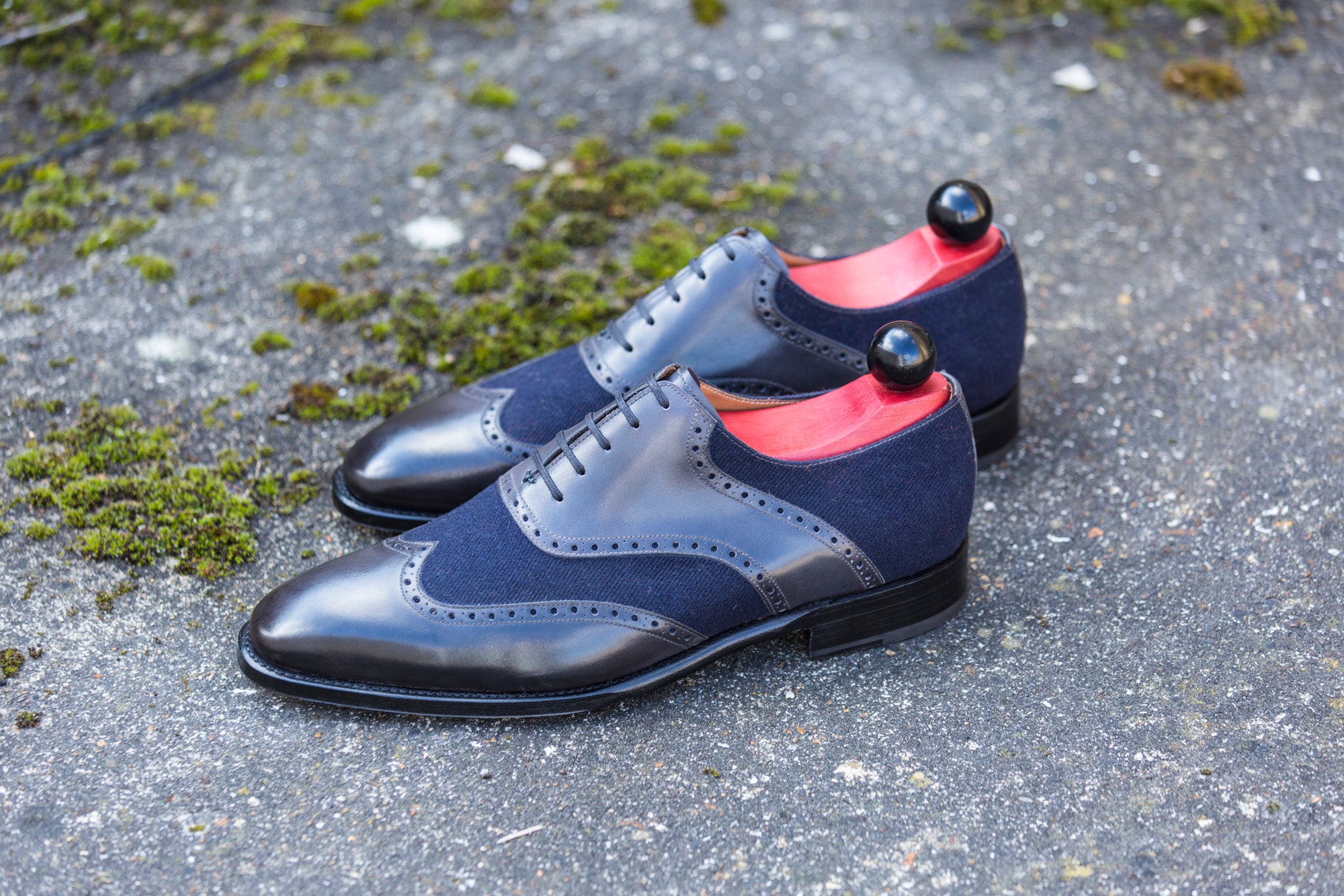 Phinney II - MTO - Shaded Grey Calf / Navy Tukwila - LPB Last - Single Leather Sole-Made To Order Wingtip Saddle Shoe Brogue Oxfords-J.FitzPatrick Footwear