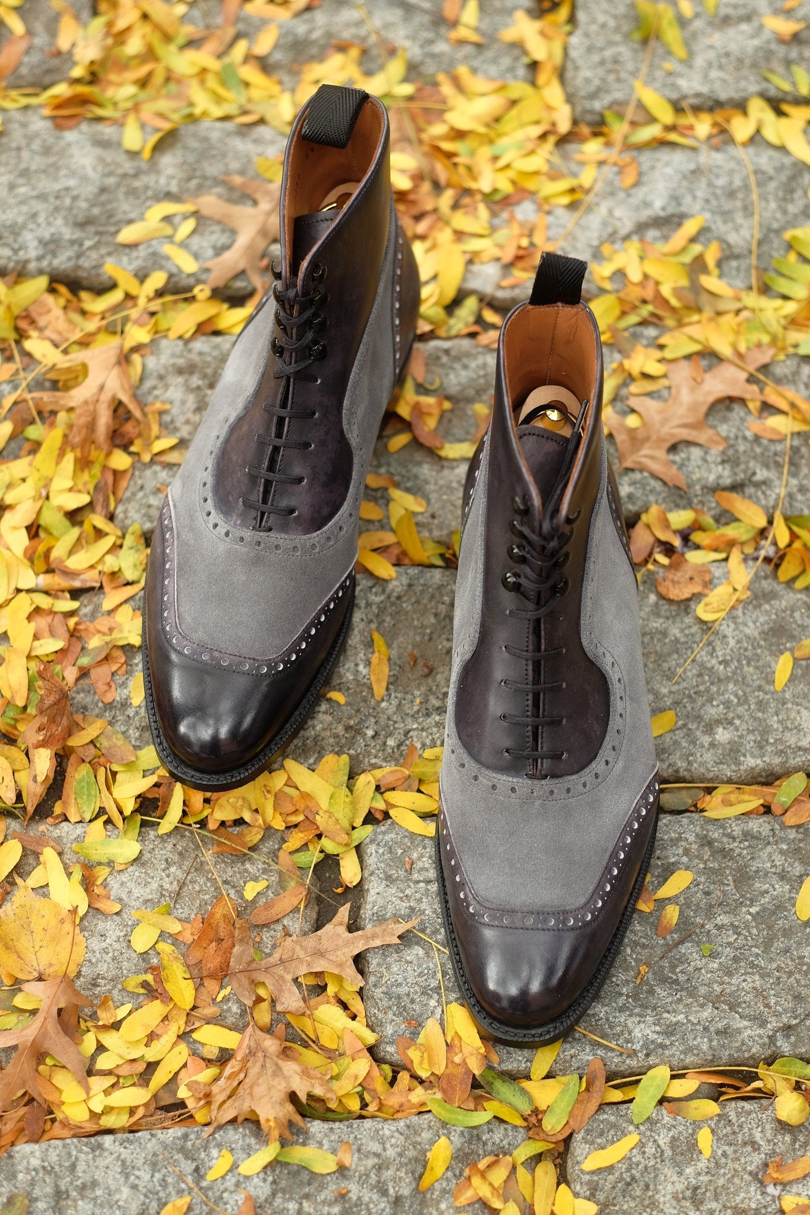 Pinehurst - MTO - Black Marble Patina / Light Grey Suede - TMG Last - Single Leather Sole-Made To Order Lace Laceup Balmoral Boot Brogue-J.FitzPatrick Footwear