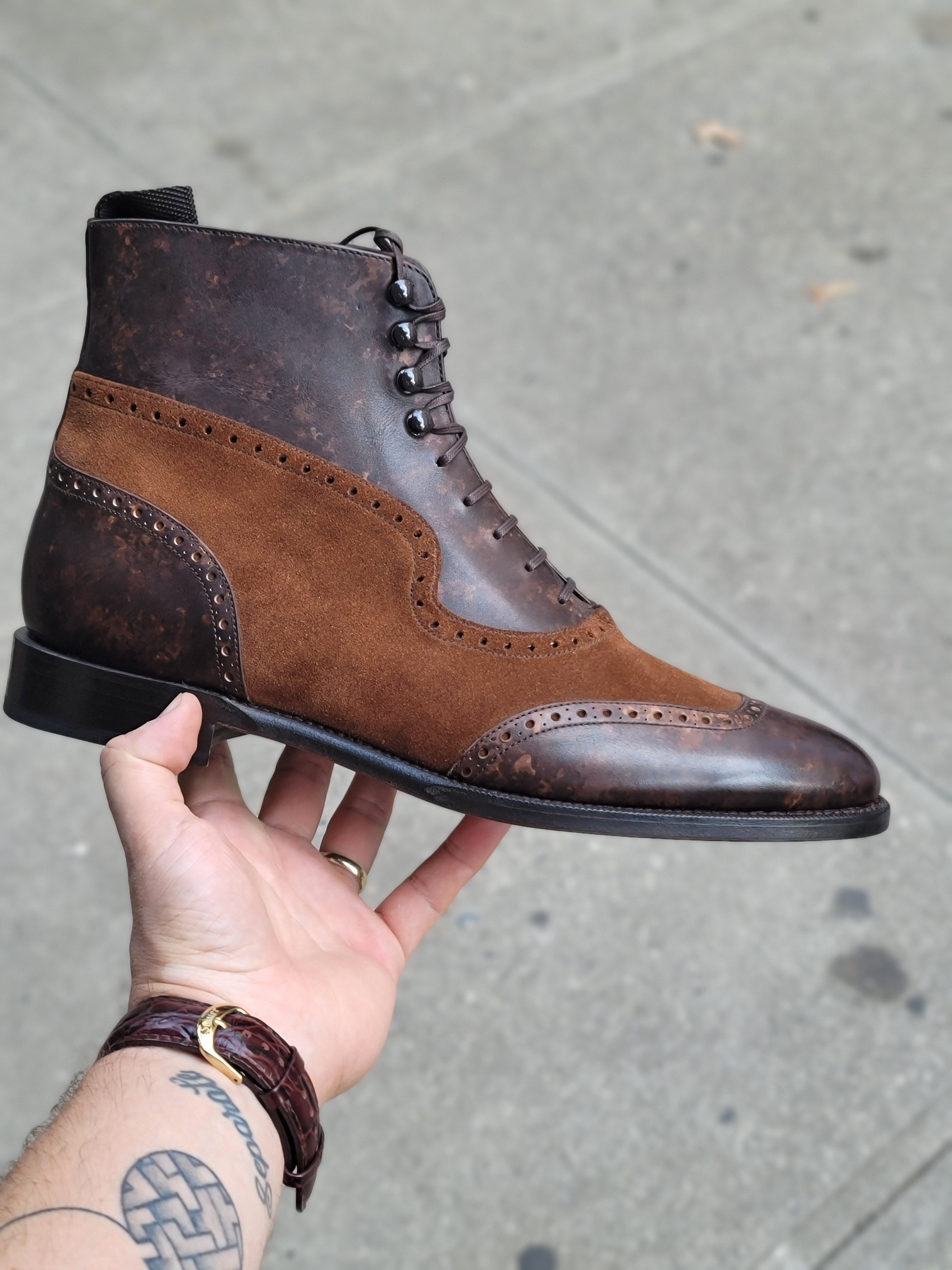 Pinehurst - MTO - Dark Brown Marble Patina / Snuff Suede - TMG Last - Single Leather Sole-Made To Order Lace Laceup Balmoral Boot Brogue-J.FitzPatrick Footwear