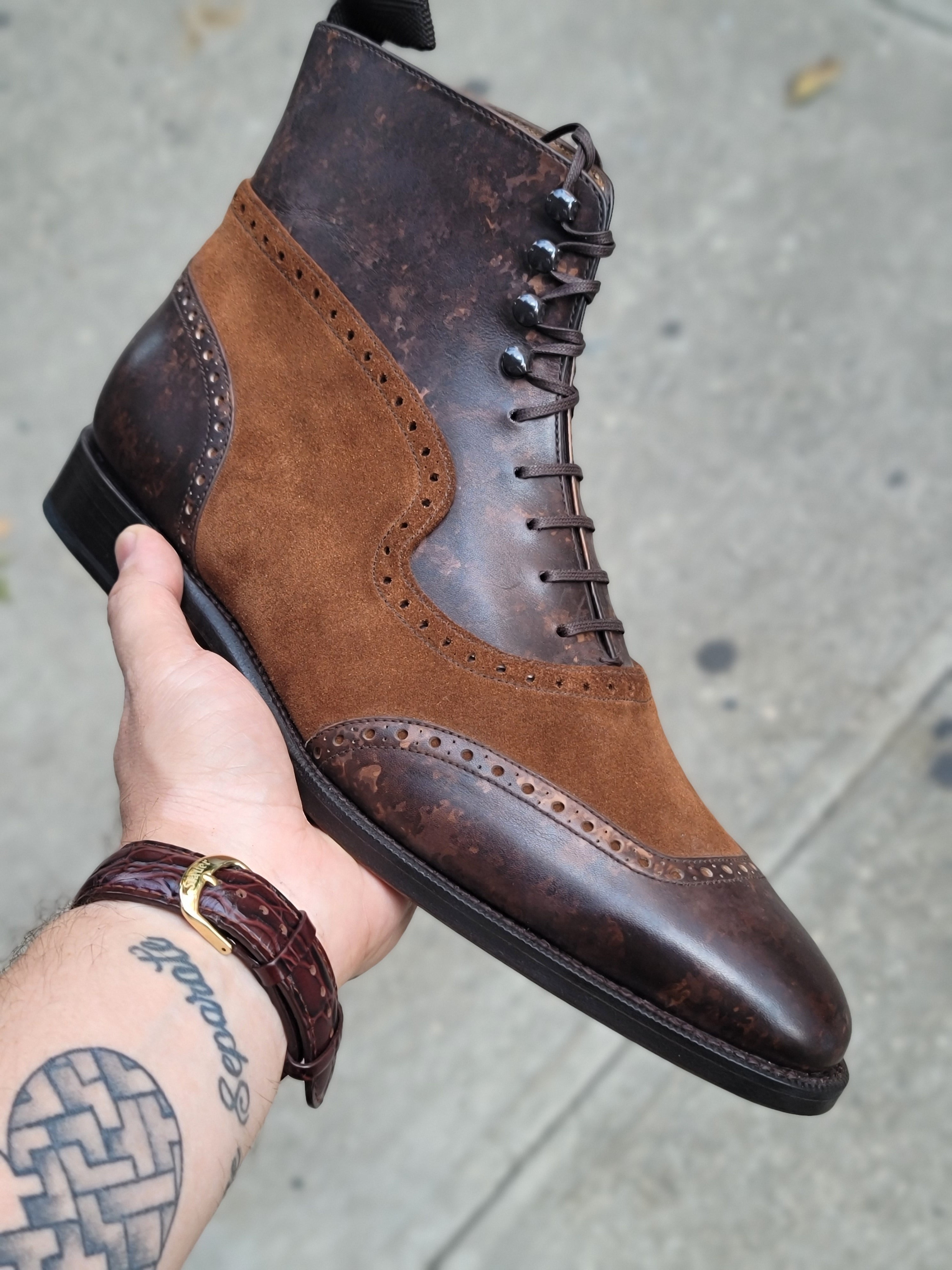 Pinehurst - MTO - Dark Brown Marble Patina / Snuff Suede - TMG Last - Single Leather Sole-Made To Order Lace Laceup Balmoral Boot Brogue-J.FitzPatrick Footwear