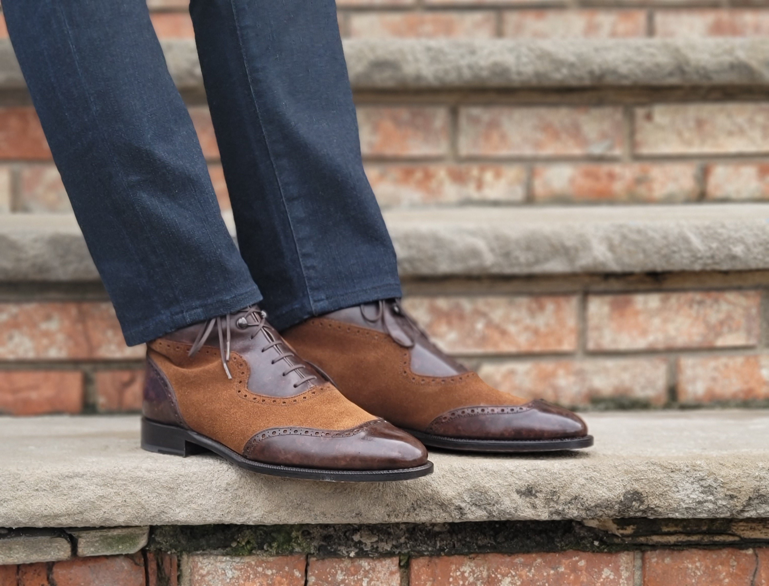 Pinehurst - MTO - Dark Brown Marble Patina / Snuff Suede - TMG Last - Single Leather Sole-Made To Order Lace Laceup Balmoral Boot Brogue-J.FitzPatrick Footwear
