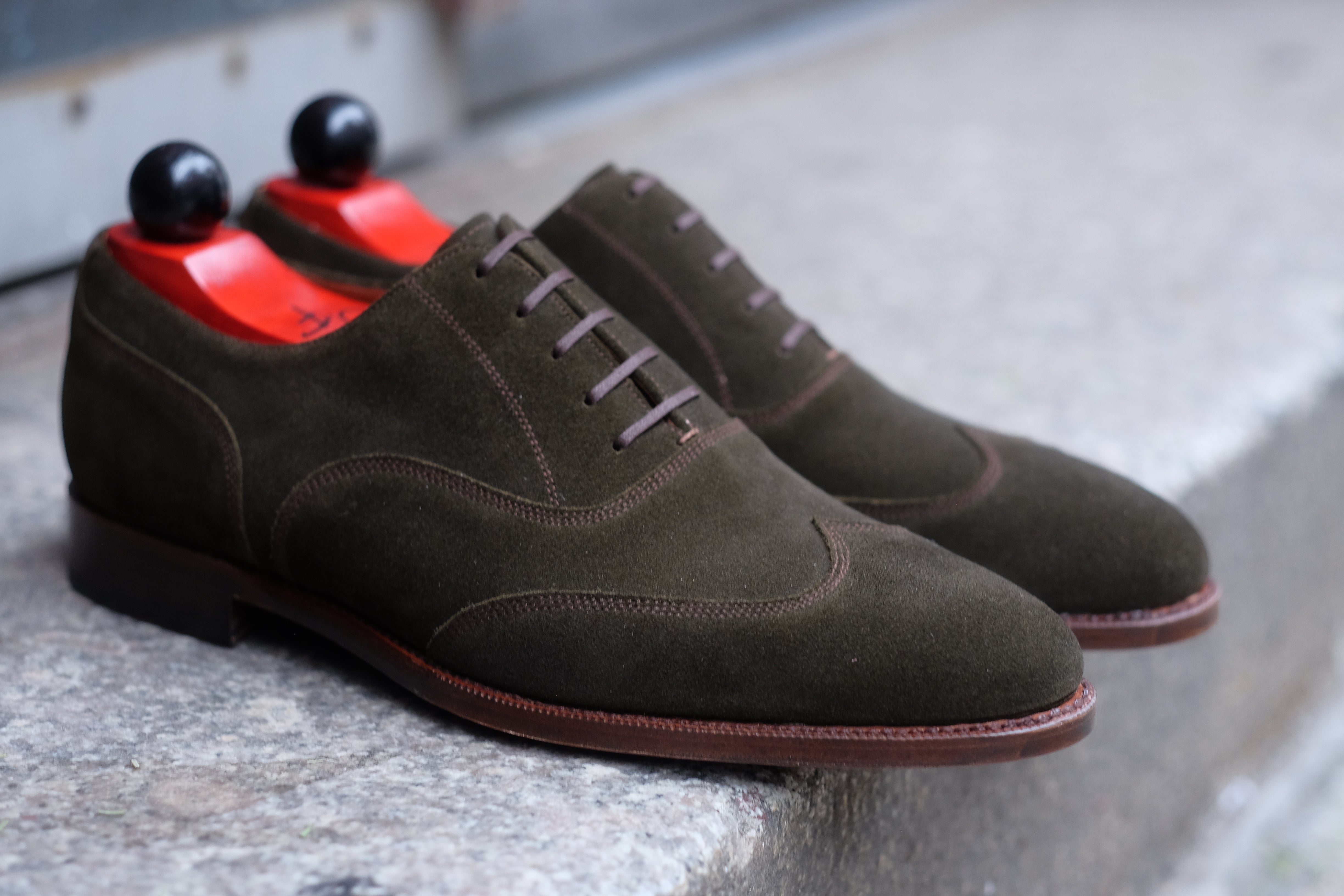 Pullman - MTO - Dark Olive Suede / Brown Stitching - TMG Last - Single Leather Sole-Made To Order Austerity Brogue Oxfords-J.FitzPatrick Footwear