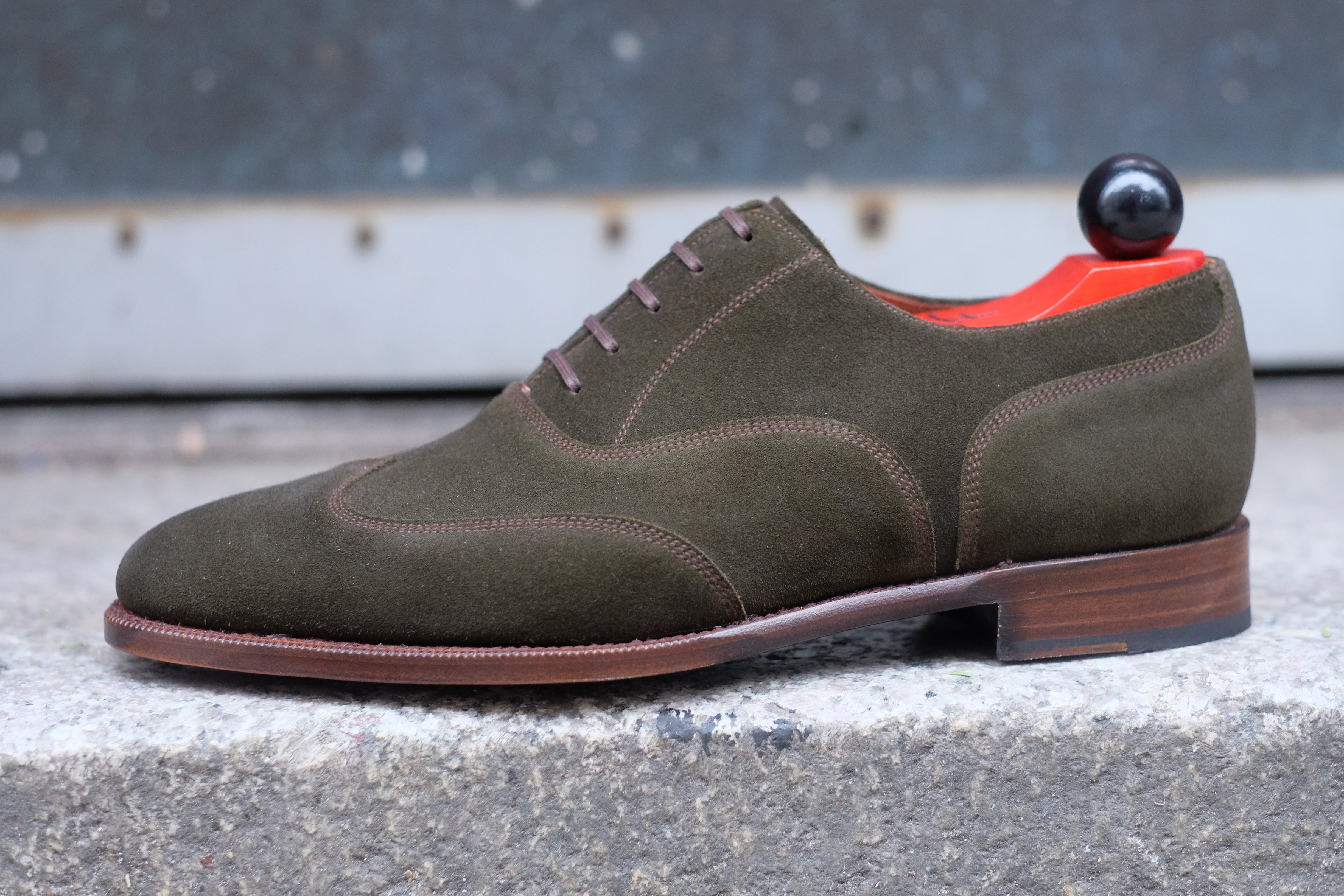 Pullman - MTO - Dark Olive Suede / Brown Stitching - TMG Last - Single Leather Sole-Made To Order Austerity Brogue Oxfords-J.FitzPatrick Footwear
