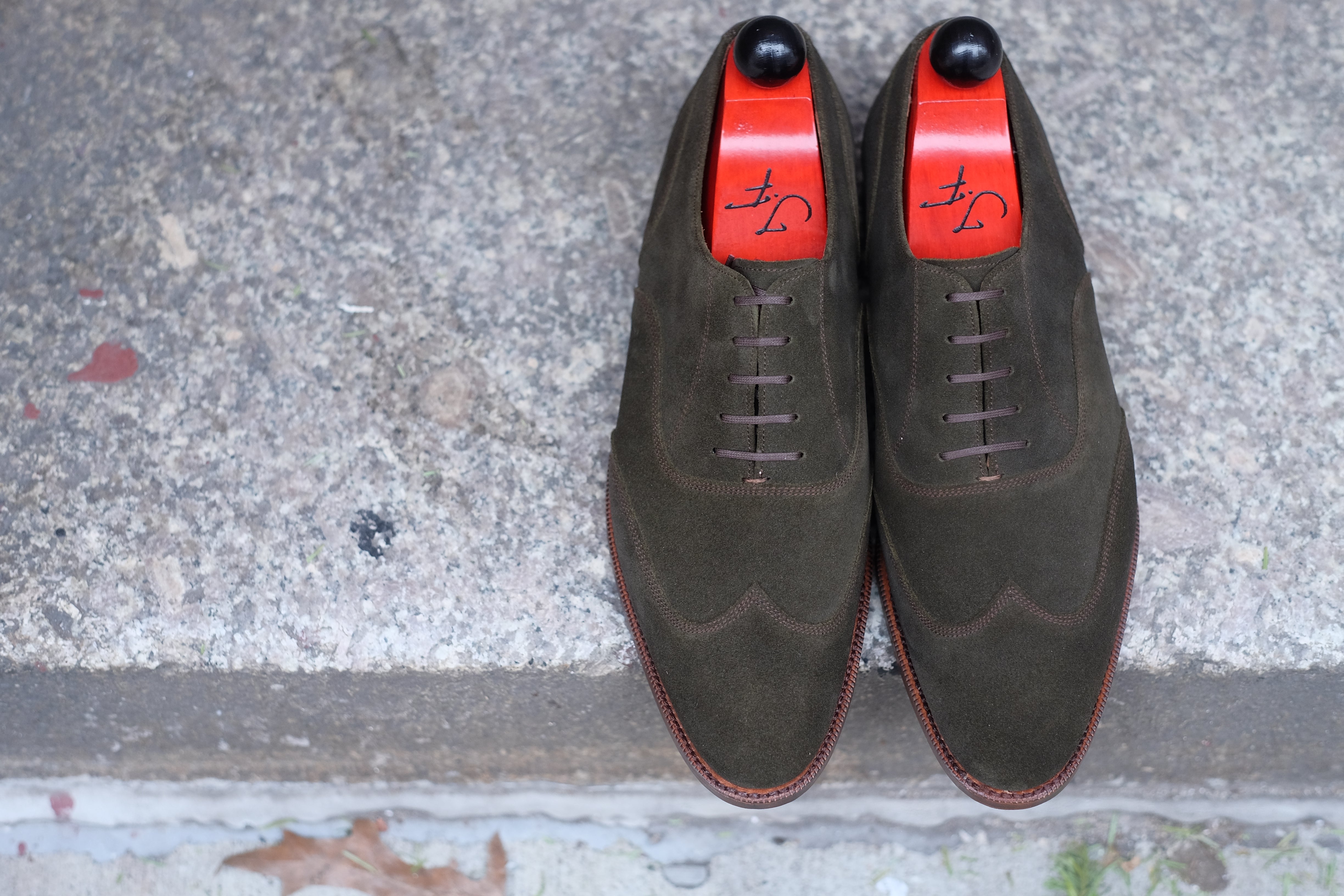 Pullman - MTO - Dark Olive Suede / Brown Stitching - TMG Last - Single Leather Sole-Made To Order Austerity Brogue Oxfords-J.FitzPatrick Footwear