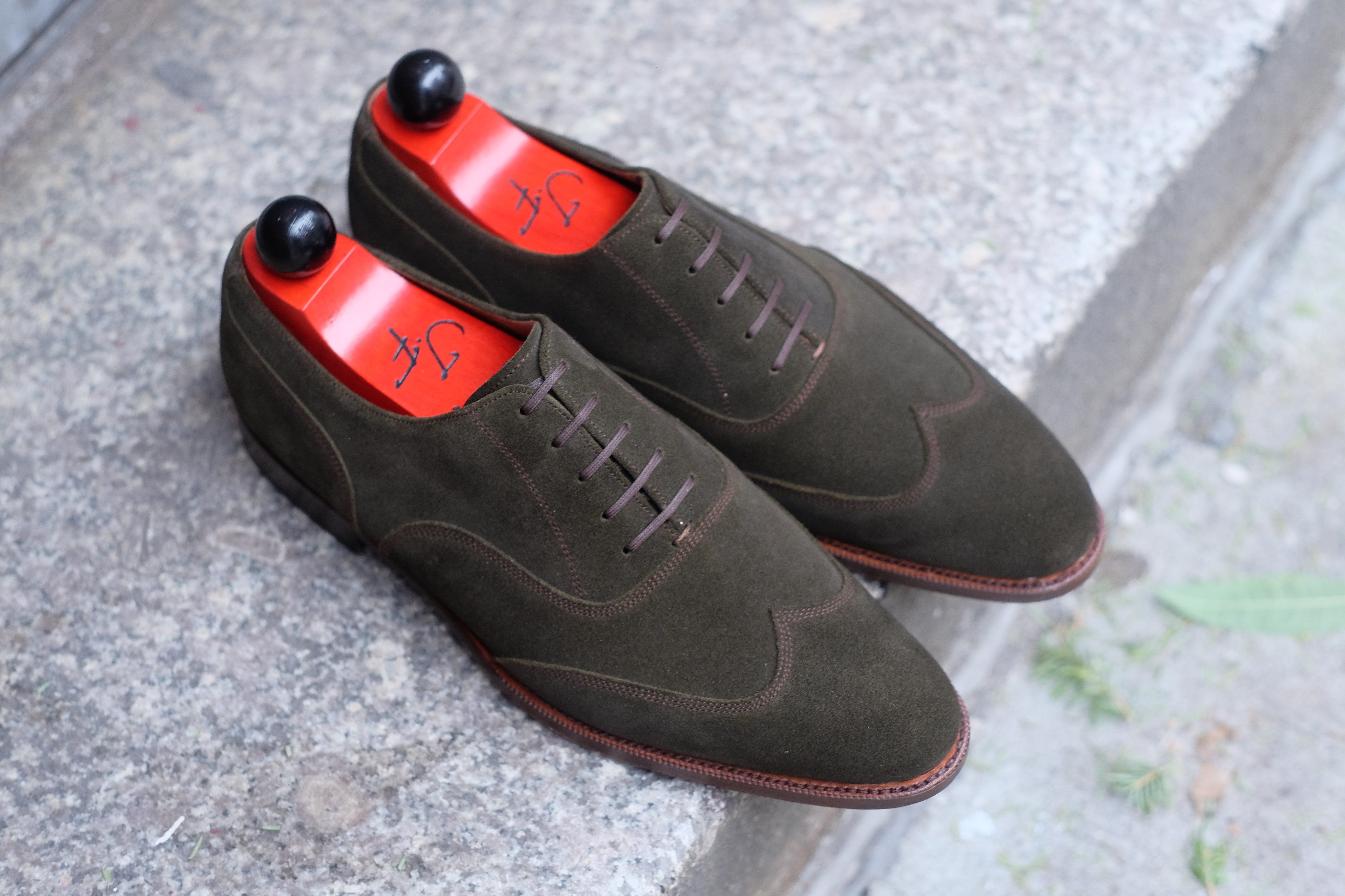 Pullman - MTO - Dark Olive Suede / Brown Stitching - TMG Last - Single Leather Sole-Made To Order Austerity Brogue Oxfords-J.FitzPatrick Footwear