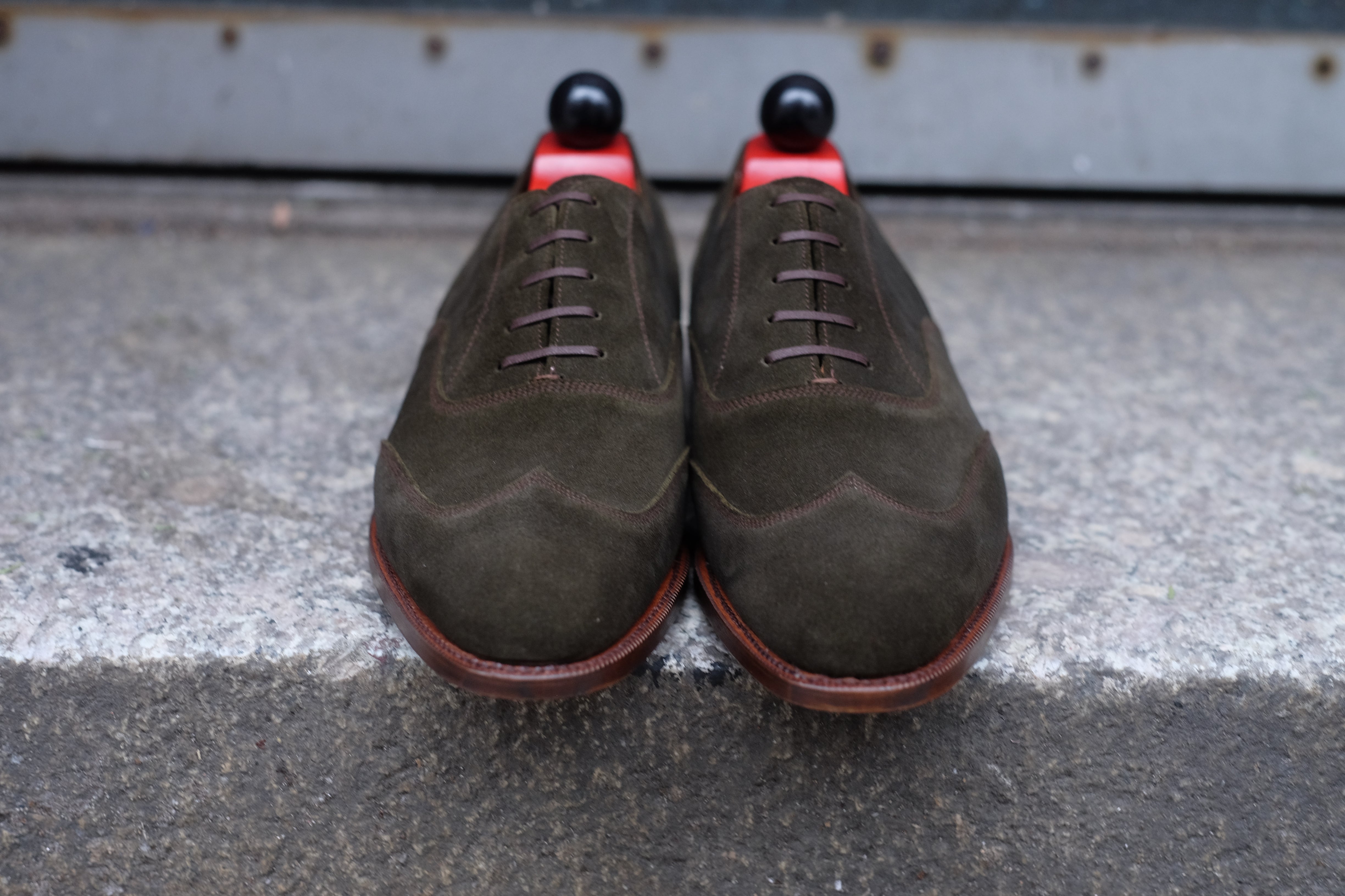 Pullman - MTO - Dark Olive Suede / Brown Stitching - TMG Last - Single Leather Sole-Made To Order Austerity Brogue Oxfords-J.FitzPatrick Footwear