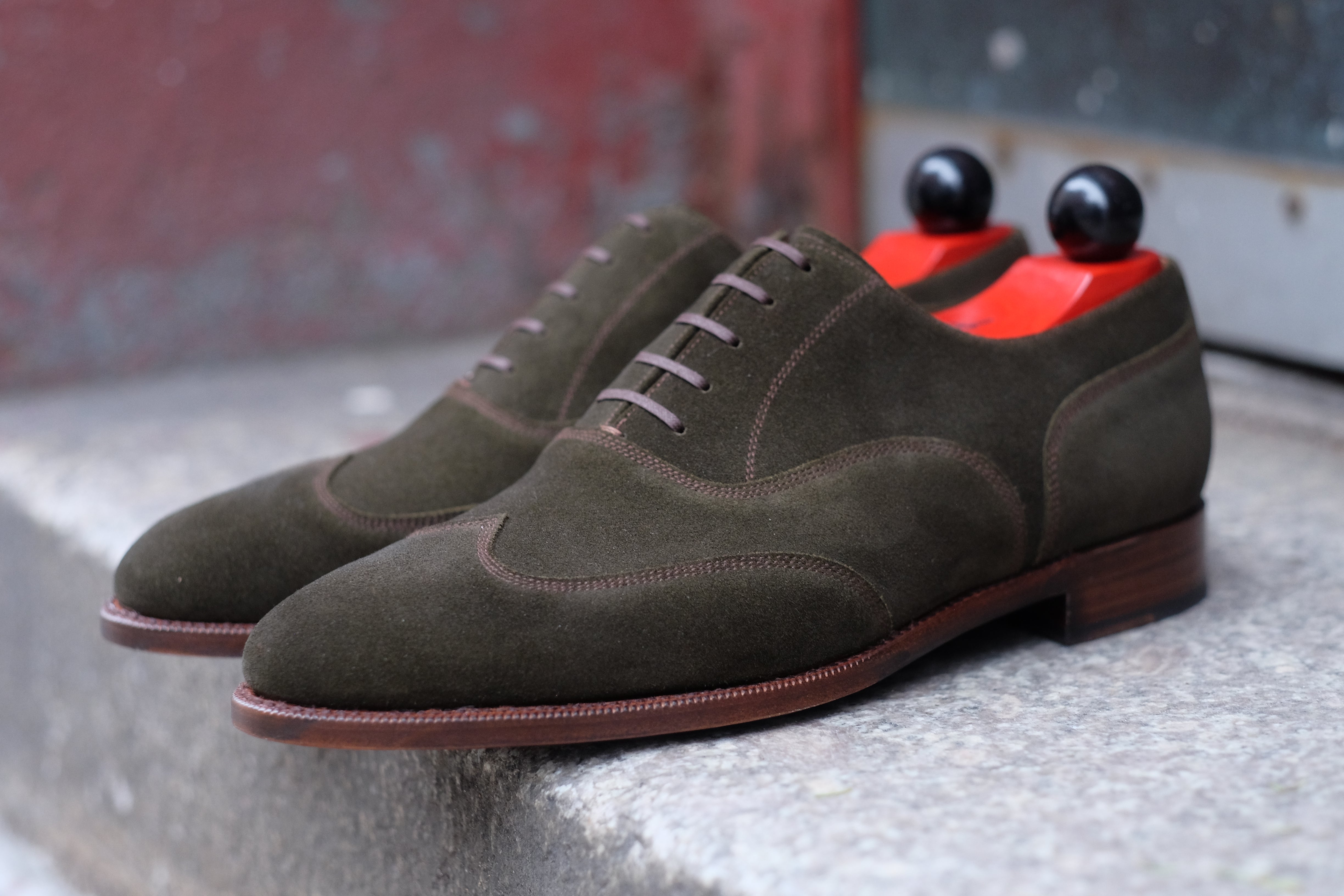 Pullman - MTO - Dark Olive Suede / Brown Stitching - TMG Last - Single Leather Sole-Made To Order Austerity Brogue Oxfords-J.FitzPatrick Footwear