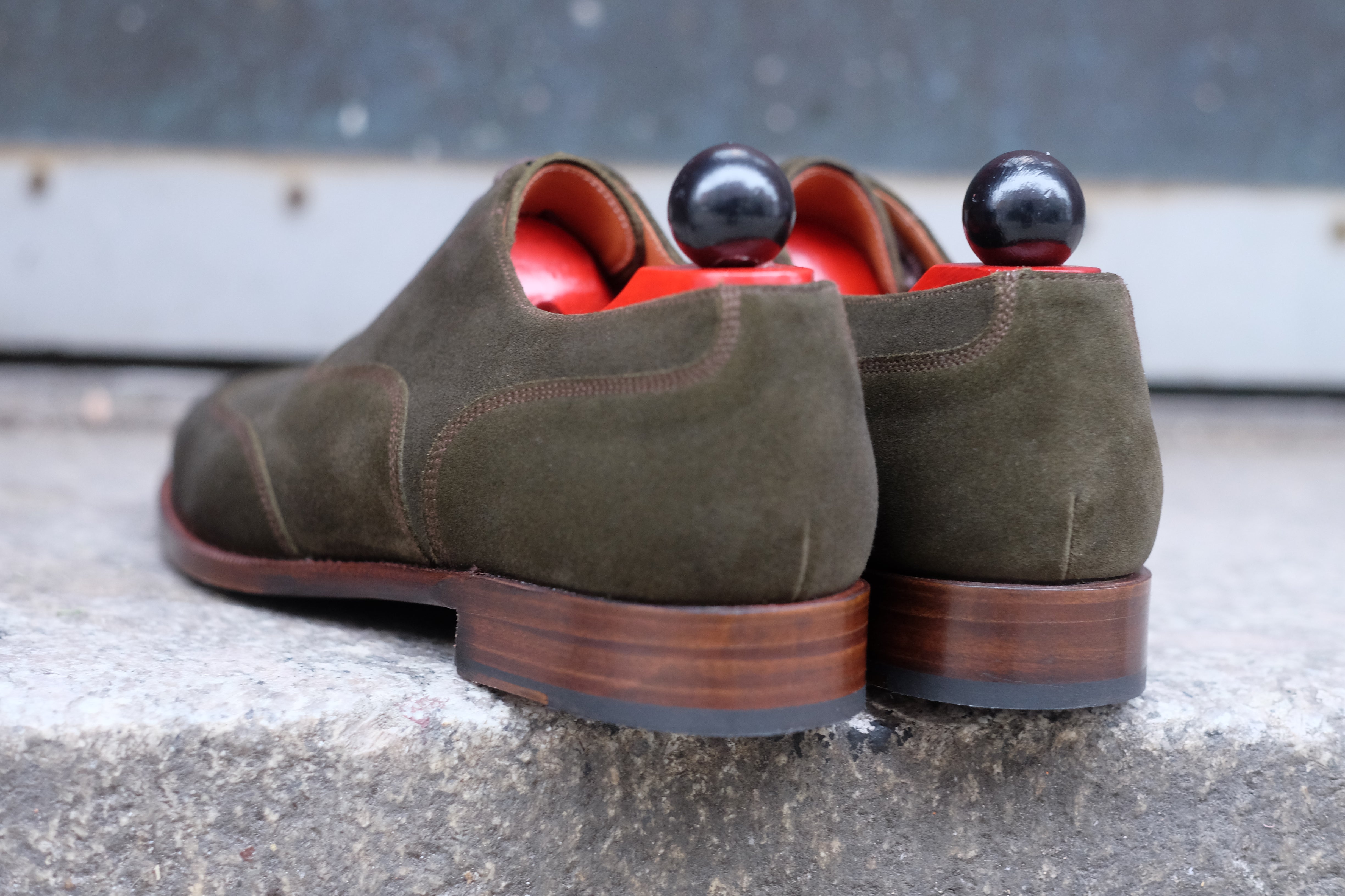 Pullman - MTO - Dark Olive Suede / Brown Stitching - TMG Last - Single Leather Sole-Made To Order Austerity Brogue Oxfords-J.FitzPatrick Footwear