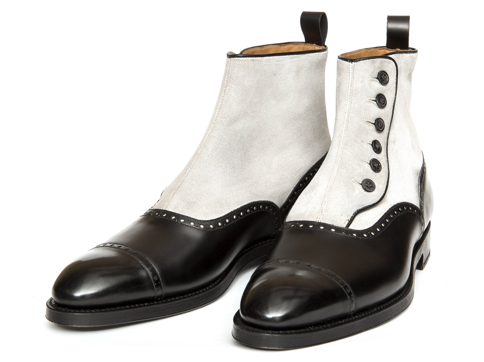 Puyallup - MTO - Black Calf / Pearl Grey Suede - NGT Last - Double Leather Sole - Grey Buttons-Made To Order Button Boot Cap Toe Brogue-J.FitzPatrick Footwear