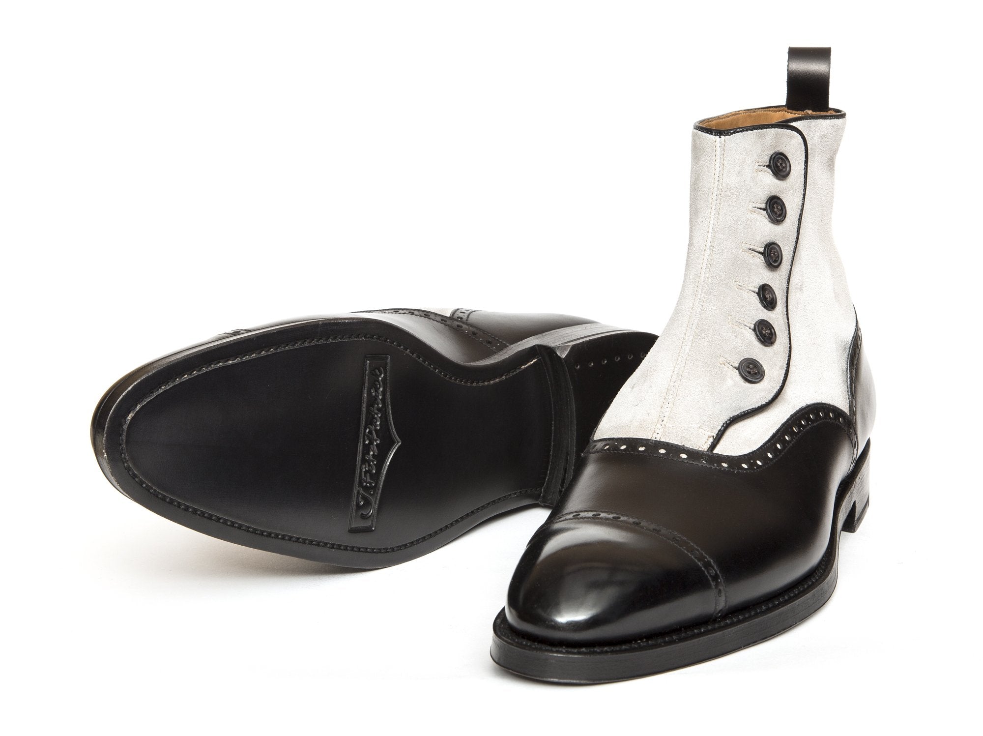 Puyallup - MTO - Black Calf / Pearl Grey Suede - NGT Last - Double Leather Sole - Grey Buttons-Made To Order Button Boot Cap Toe Brogue-J.FitzPatrick Footwear