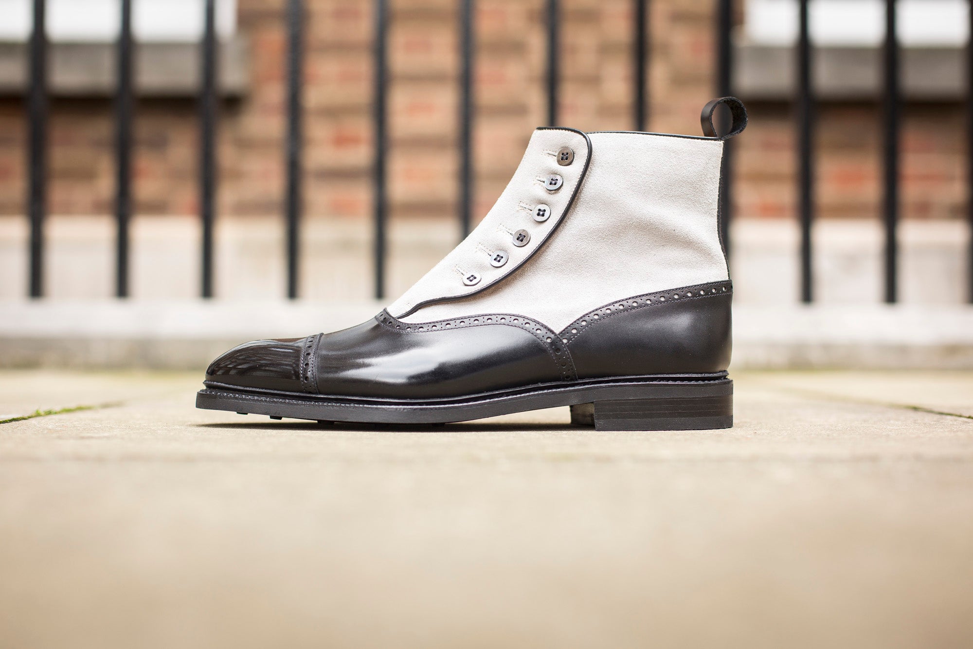 Puyallup - MTO - Black Calf / Pearl Suede - NGT Last - Country Rubber Sole w/ Stormwelt - MOP Buttons-Made To Order Button Boot Cap Toe Brogue-J.FitzPatrick Footwear