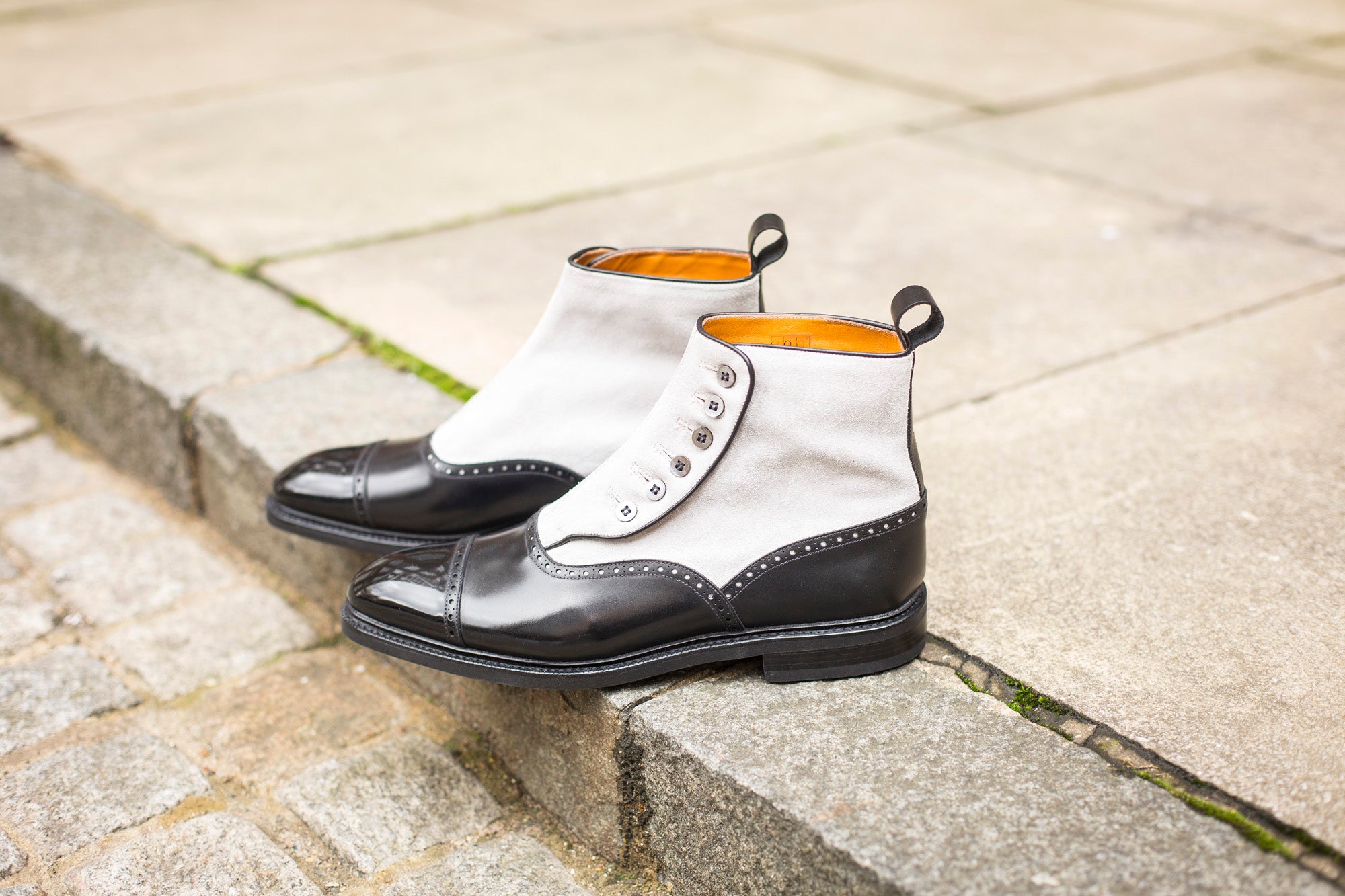 Puyallup - MTO - Black Calf / Pearl Suede - NGT Last - Country Rubber Sole w/ Stormwelt - MOP Buttons-Made To Order Button Boot Cap Toe Brogue-J.FitzPatrick Footwear