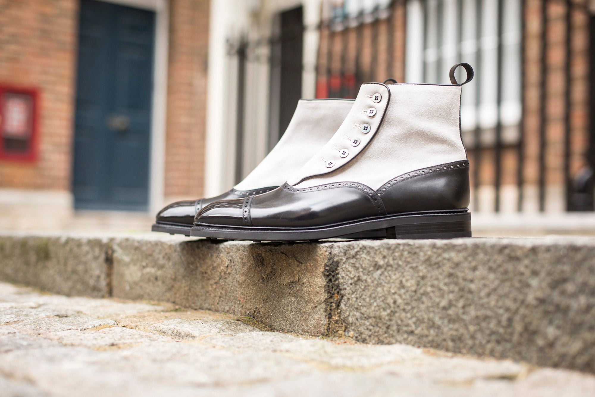 Puyallup - MTO - Black Calf / Pearl Suede - NGT Last - Country Rubber Sole w/ Stormwelt - MOP Buttons-Made To Order Button Boot Cap Toe Brogue-J.FitzPatrick Footwear