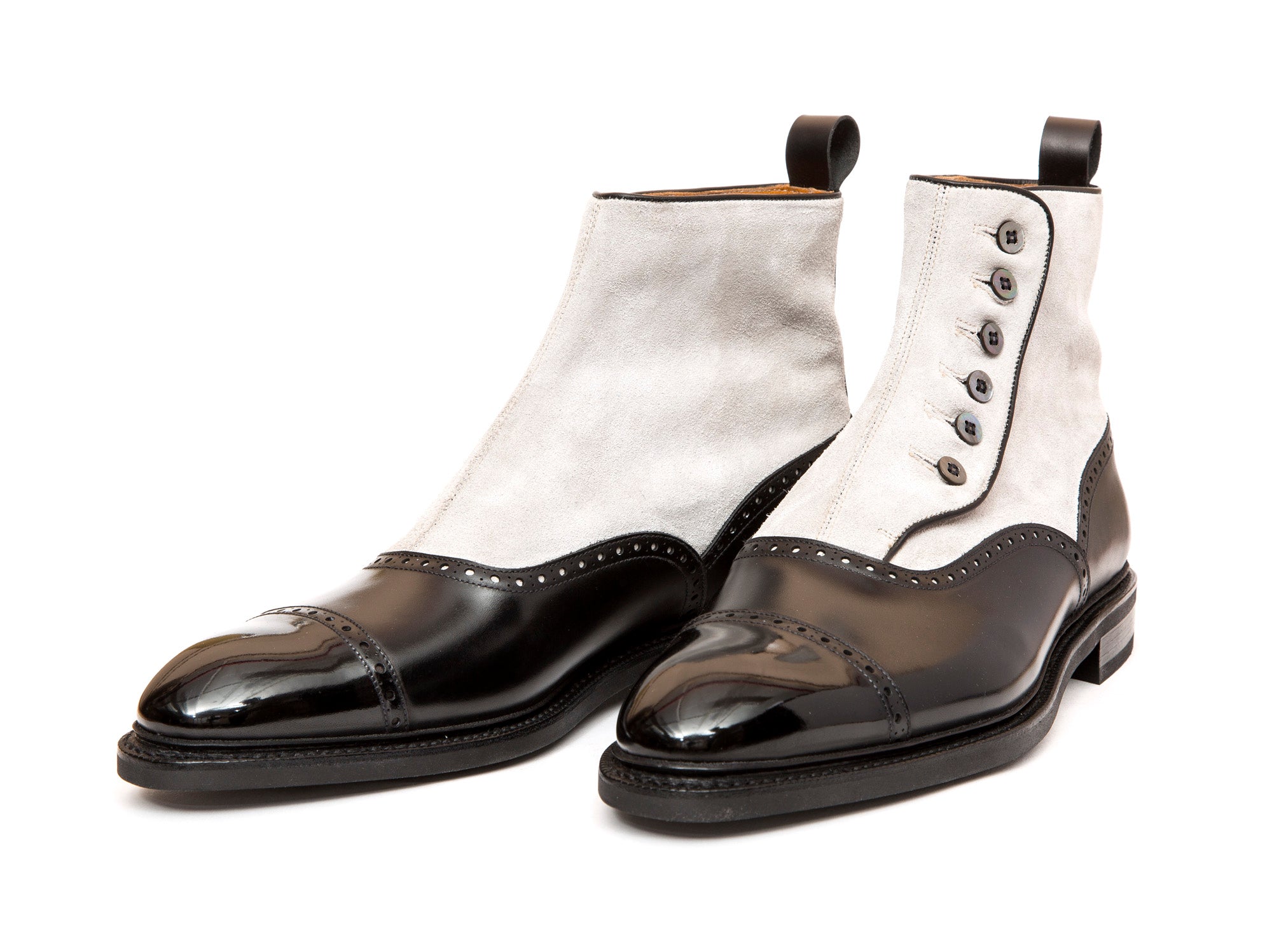 Puyallup - MTO - Black Calf / Pearl Suede - NGT Last - Country Rubber Sole w/ Stormwelt - MOP Buttons-Made To Order Button Boot Cap Toe Brogue-J.FitzPatrick Footwear