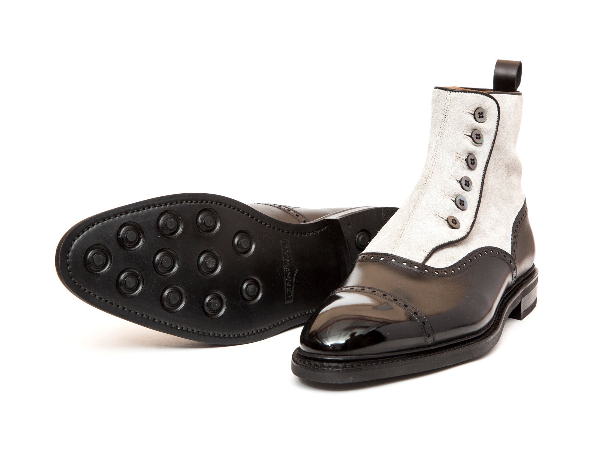 Puyallup - MTO - Black Calf / Pearl Suede - NGT Last - Country Rubber Sole w/ Stormwelt - MOP Buttons-Made To Order Button Boot Cap Toe Brogue-J.FitzPatrick Footwear