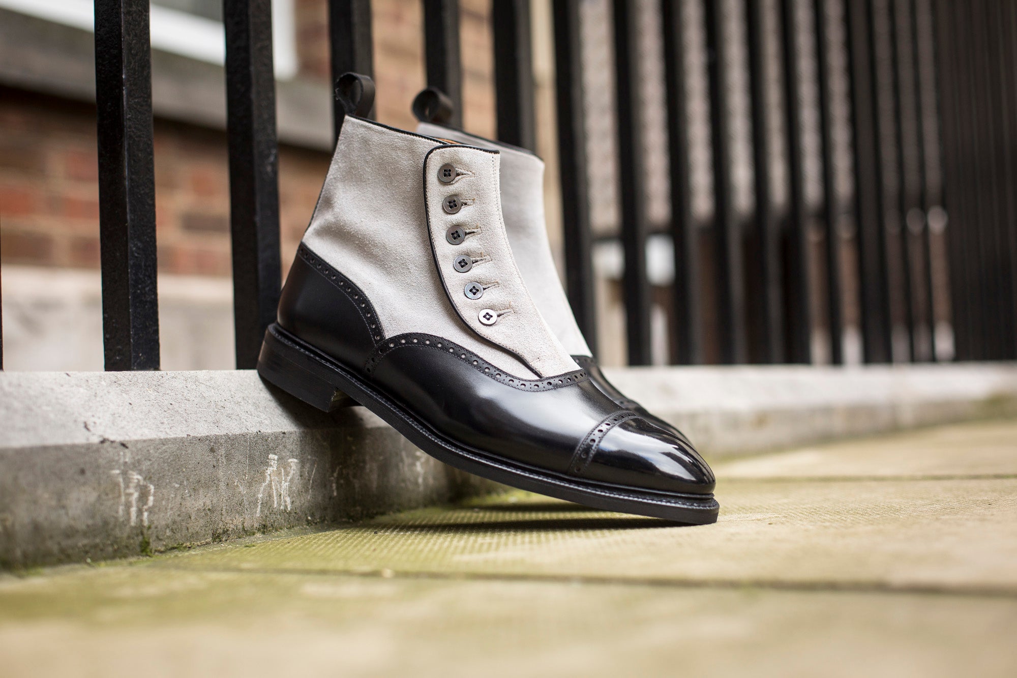 Puyallup - MTO - Black Calf / Pearl Suede - NGT Last - Country Rubber Sole w/ Stormwelt - MOP Buttons-Made To Order Button Boot Cap Toe Brogue-J.FitzPatrick Footwear
