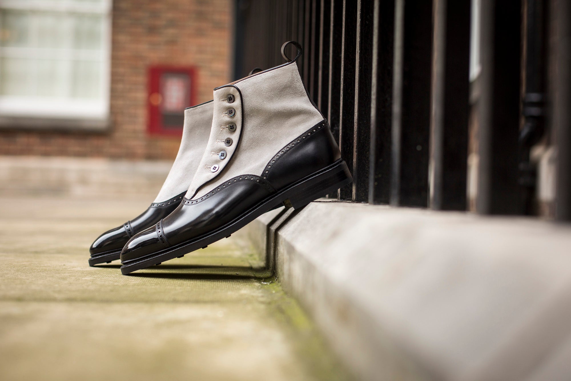 Puyallup - MTO - Black Calf / Pearl Suede - NGT Last - Country Rubber Sole w/ Stormwelt - MOP Buttons-Made To Order Button Boot Cap Toe Brogue-J.FitzPatrick Footwear