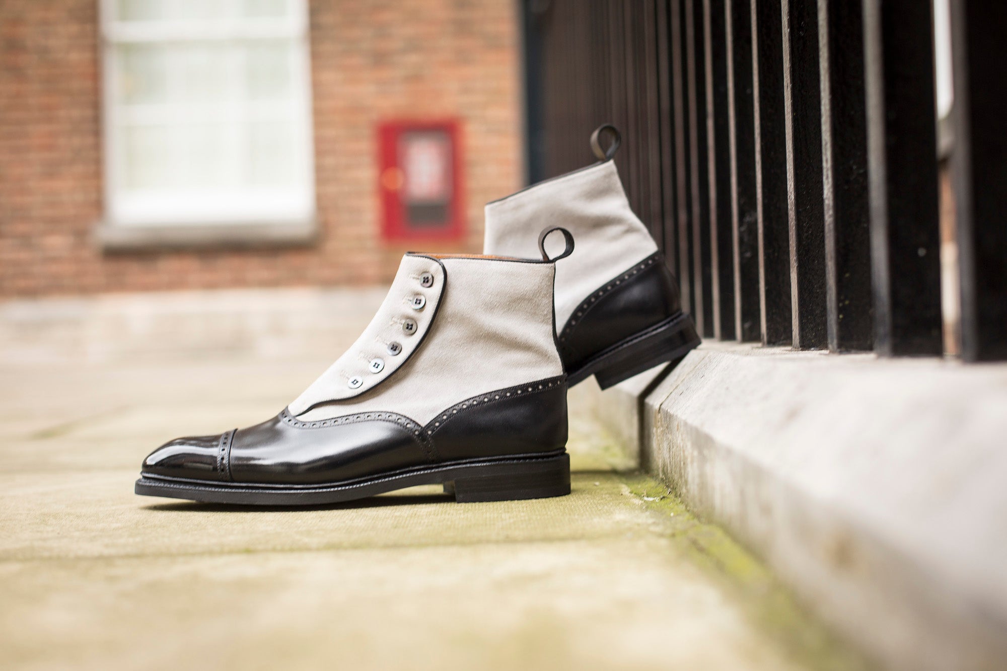 Puyallup - MTO - Black Calf / Pearl Suede - NGT Last - Country Rubber Sole w/ Stormwelt - MOP Buttons-Made To Order Button Boot Cap Toe Brogue-J.FitzPatrick Footwear