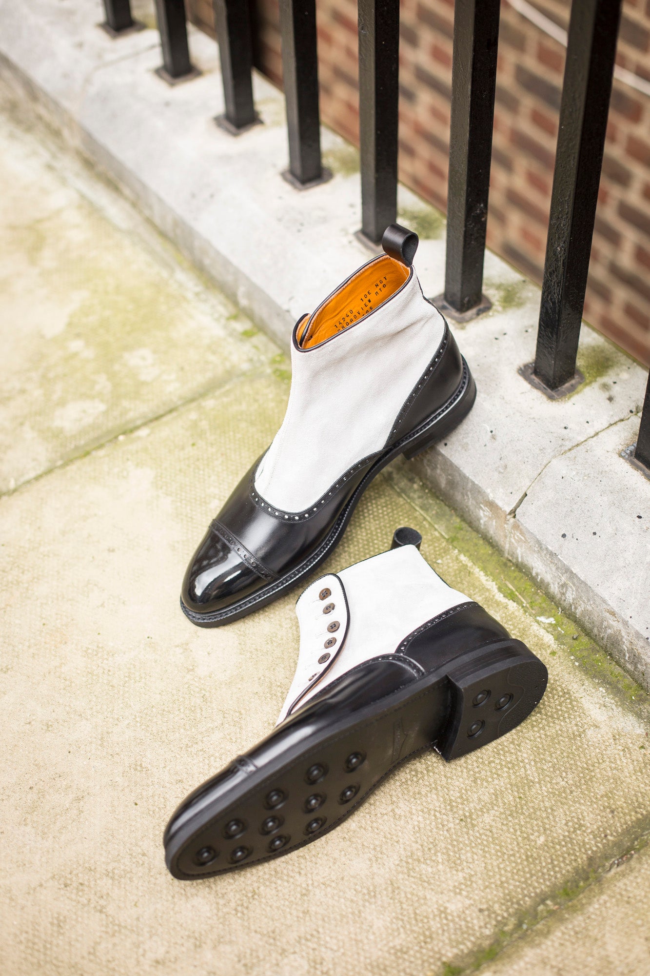 Puyallup - MTO - Black Calf / Pearl Suede - NGT Last - Country Rubber Sole w/ Stormwelt - MOP Buttons-Made To Order Button Boot Cap Toe Brogue-J.FitzPatrick Footwear