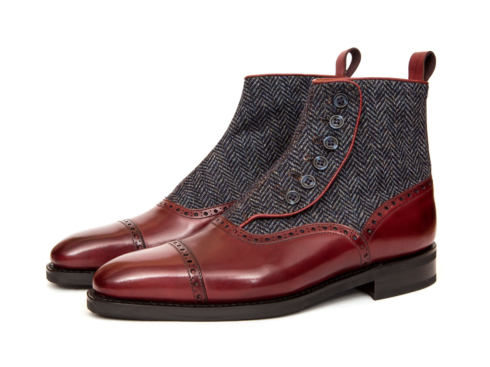 Puyallup - MTO - Burgundy Calf / Blue Tweed - LPB Last - City Rubber Sole-Made To Order Button Boot Cap Toe Brogue-J.FitzPatrick Footwear