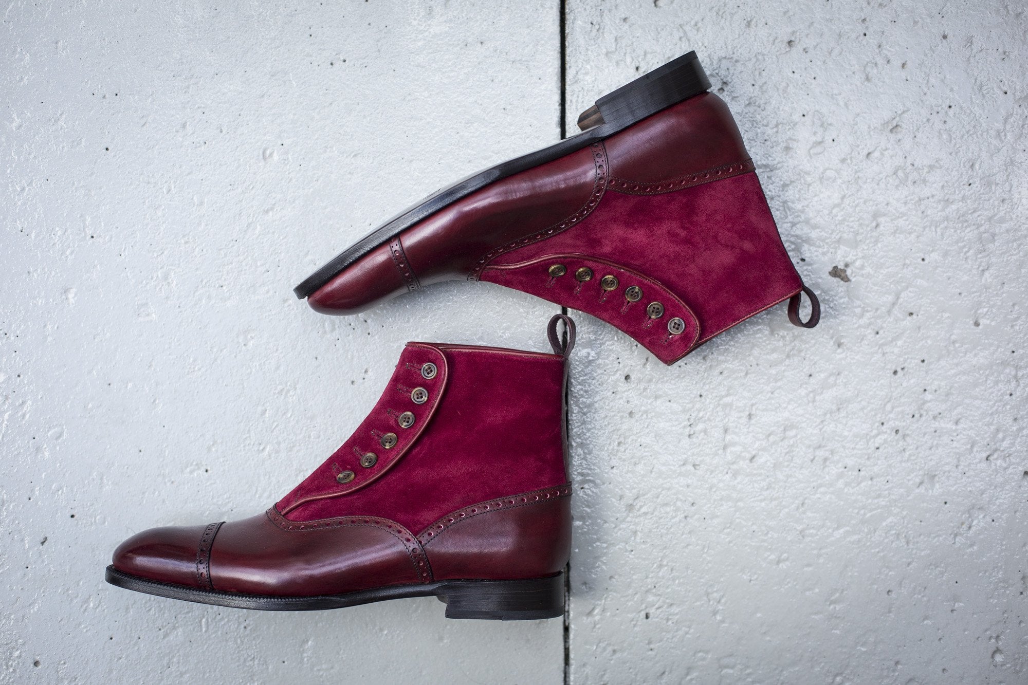 Puyallup - MTO - Burgundy Calf / Burgundy Suede - NGT Last - Single Leather Sole-Made To Order Button Boot Cap Toe Brogue-J.FitzPatrick Footwear
