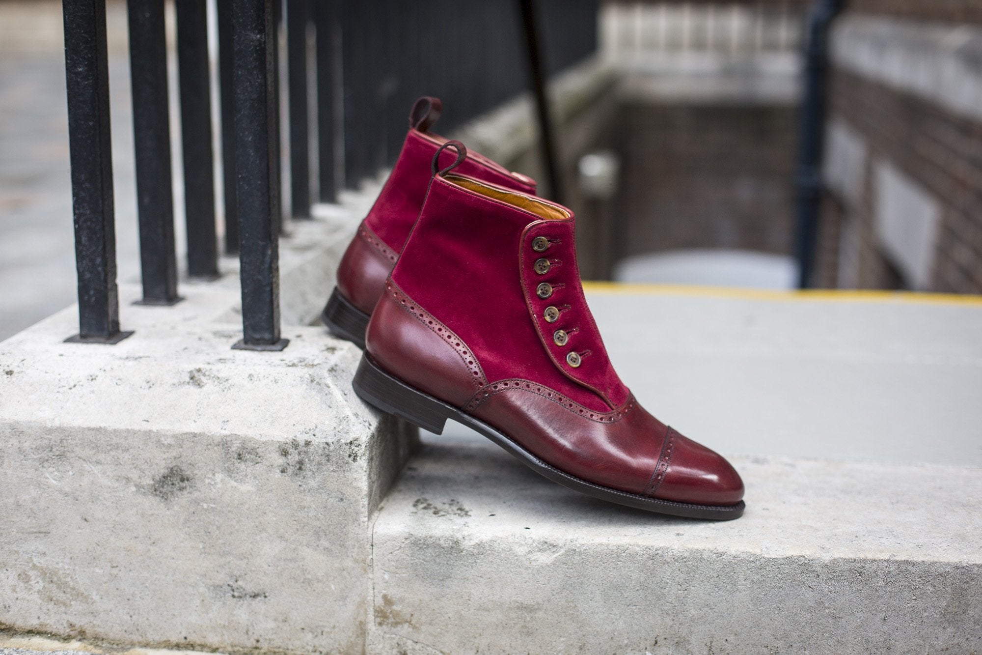 Puyallup - MTO - Burgundy Calf / Burgundy Suede - NGT Last - Single Leather Sole-Made To Order Button Boot Cap Toe Brogue-J.FitzPatrick Footwear