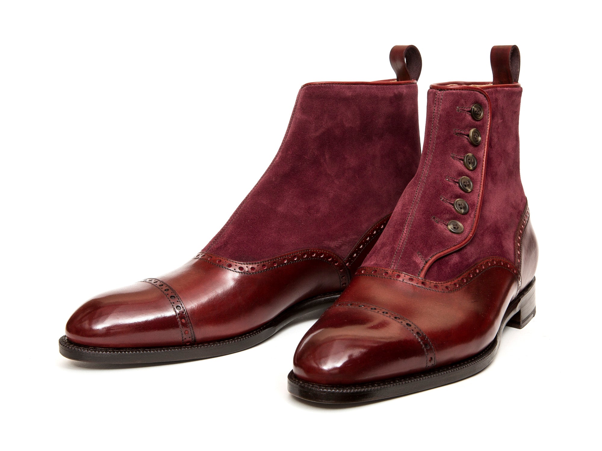 Puyallup - MTO - Burgundy Calf / Burgundy Suede - NGT Last - Single Leather Sole-Made To Order Button Boot Cap Toe Brogue-J.FitzPatrick Footwear