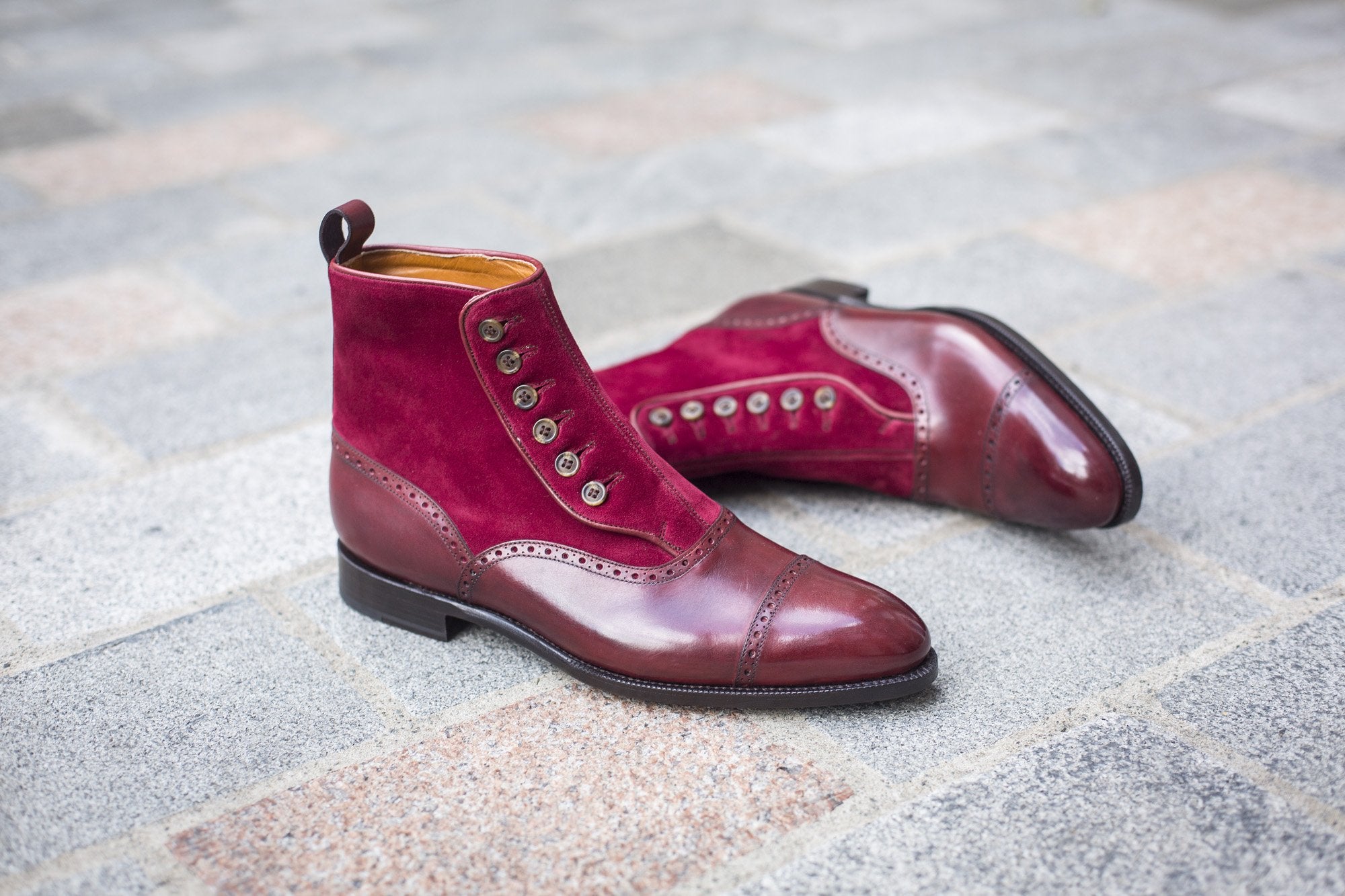Puyallup - MTO - Burgundy Calf / Burgundy Suede - NGT Last - Single Leather Sole-Made To Order Button Boot Cap Toe Brogue-J.FitzPatrick Footwear