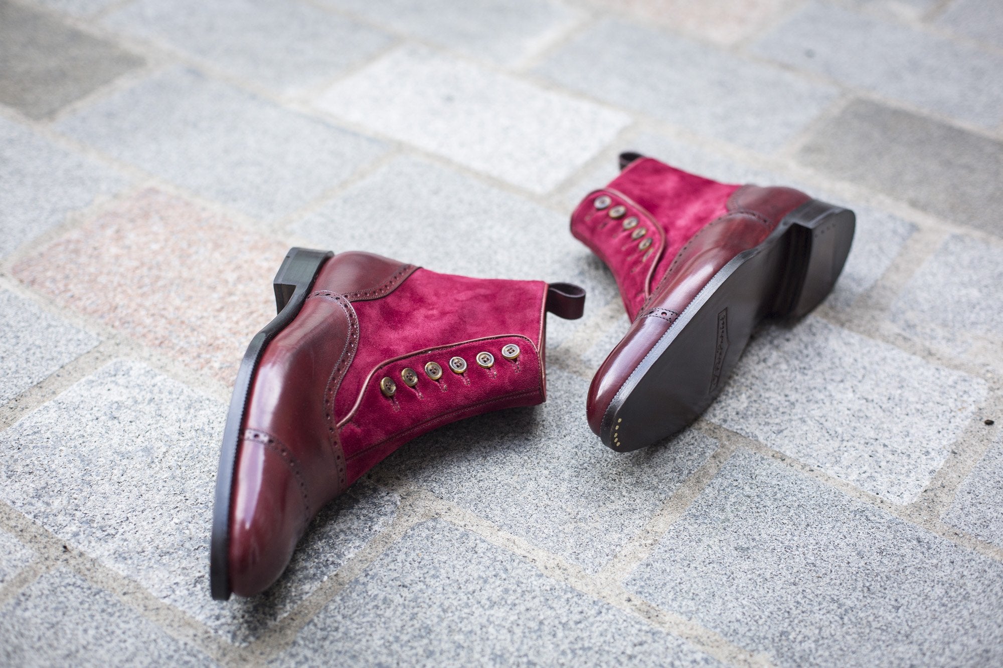 Puyallup - MTO - Burgundy Calf / Burgundy Suede - NGT Last - Single Leather Sole-Made To Order Button Boot Cap Toe Brogue-J.FitzPatrick Footwear