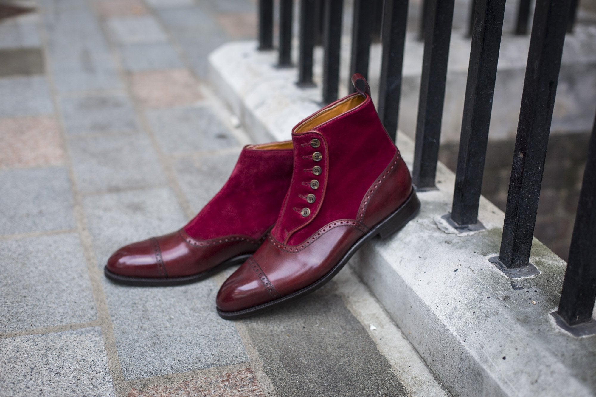 Puyallup - MTO - Burgundy Calf / Burgundy Suede - NGT Last - Single Leather Sole-Made To Order Button Boot Cap Toe Brogue-J.FitzPatrick Footwear