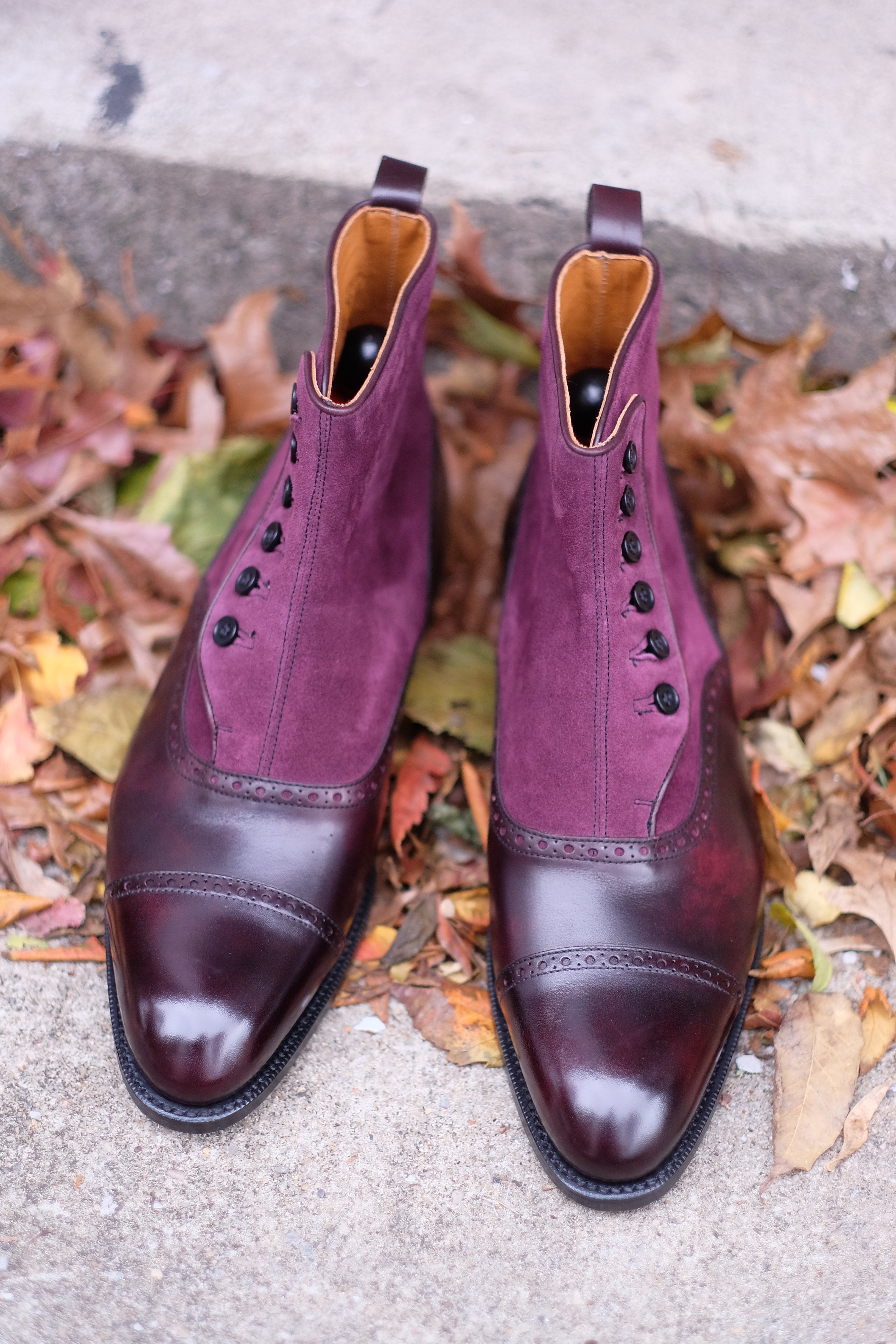 Puyallup - MTO - Plum Museum Calf / Regal Purple Suede - NGT Last - Single Leather Sole-Made To Order Button Boot Cap Toe Brogue-J.FitzPatrick Footwear