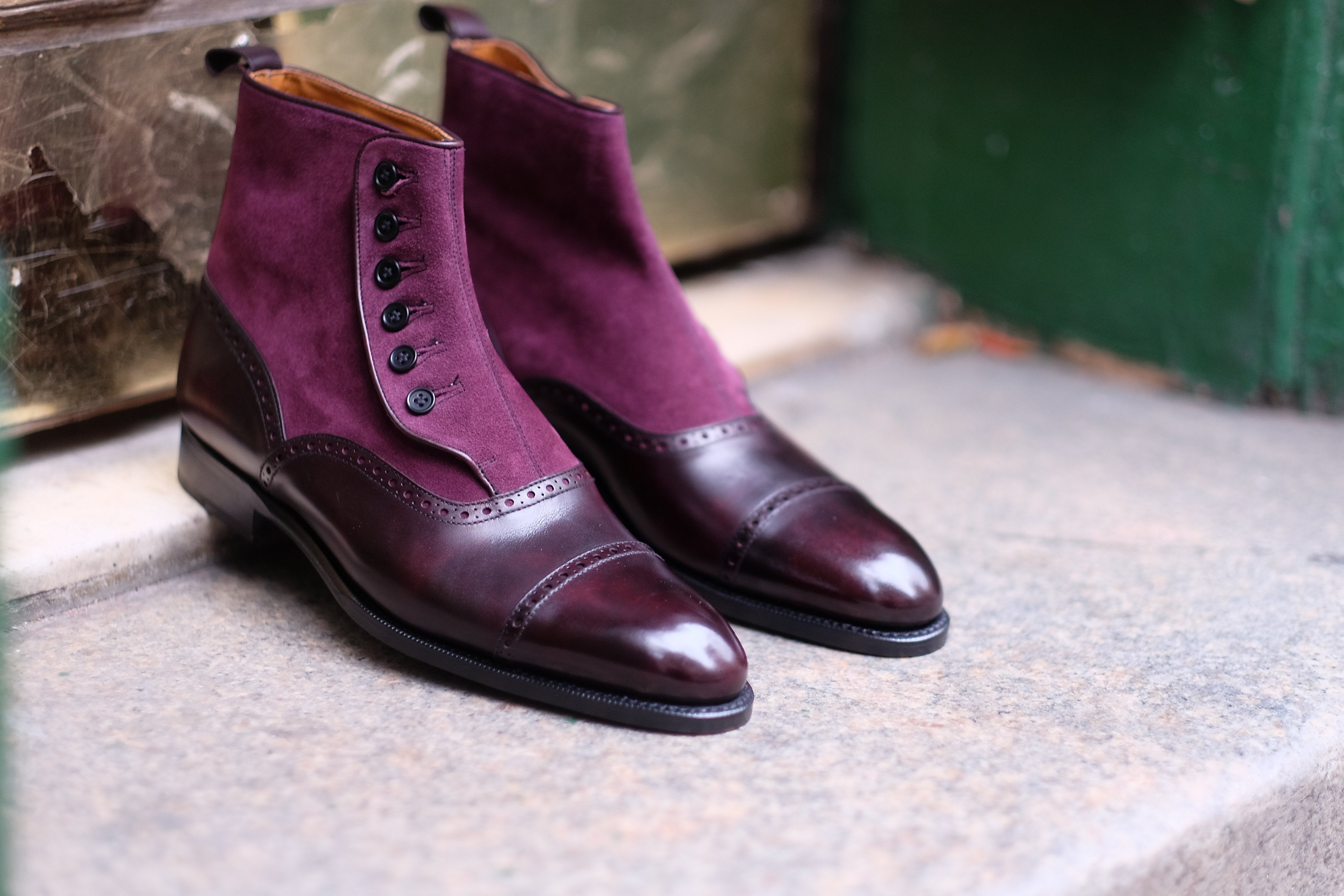 Puyallup - MTO - Plum Museum Calf / Regal Purple Suede - NGT Last - Single Leather Sole-Made To Order Button Boot Cap Toe Brogue-J.FitzPatrick Footwear