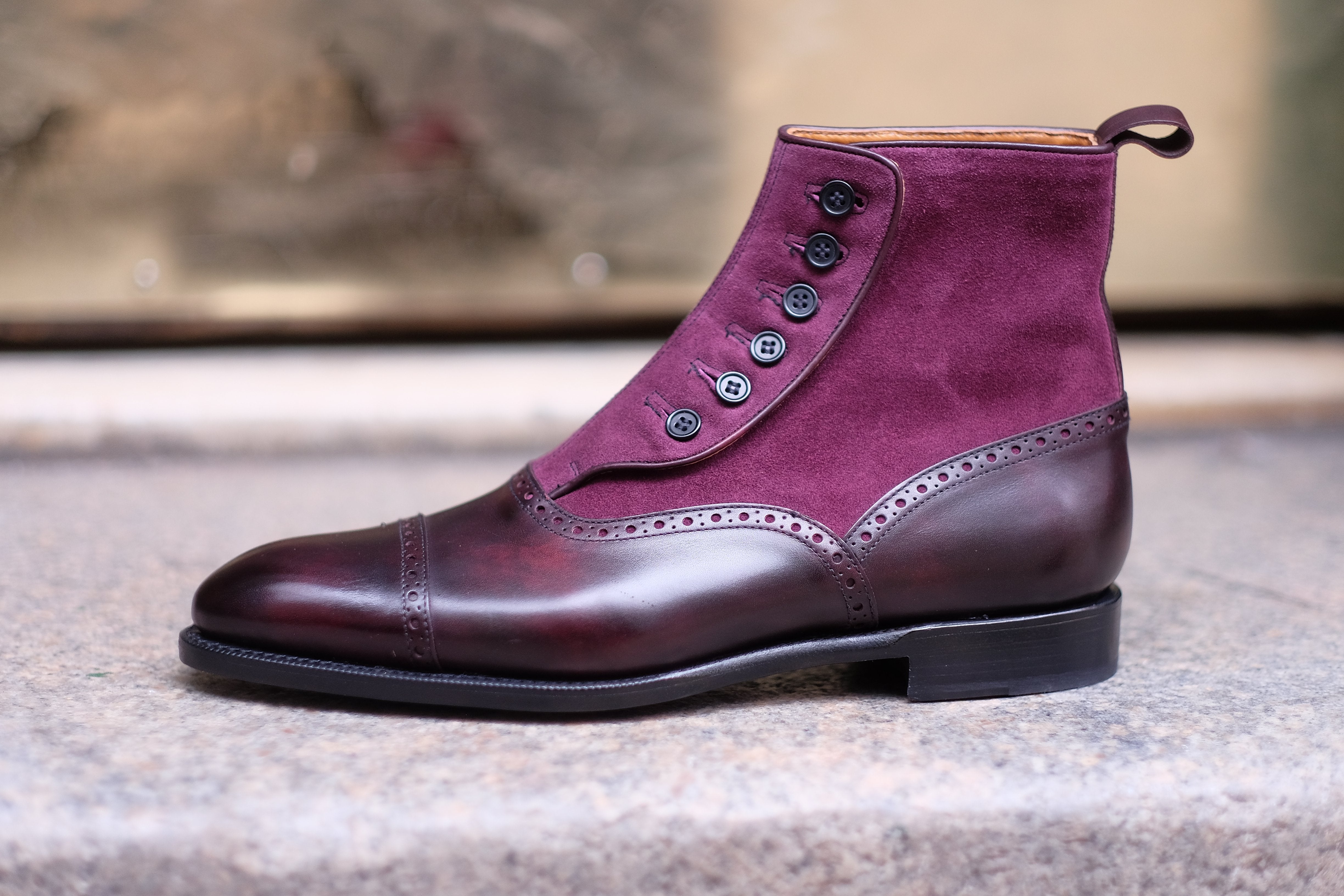 Puyallup - MTO - Plum Museum Calf / Regal Purple Suede - NGT Last - Single Leather Sole-Made To Order Button Boot Cap Toe Brogue-J.FitzPatrick Footwear
