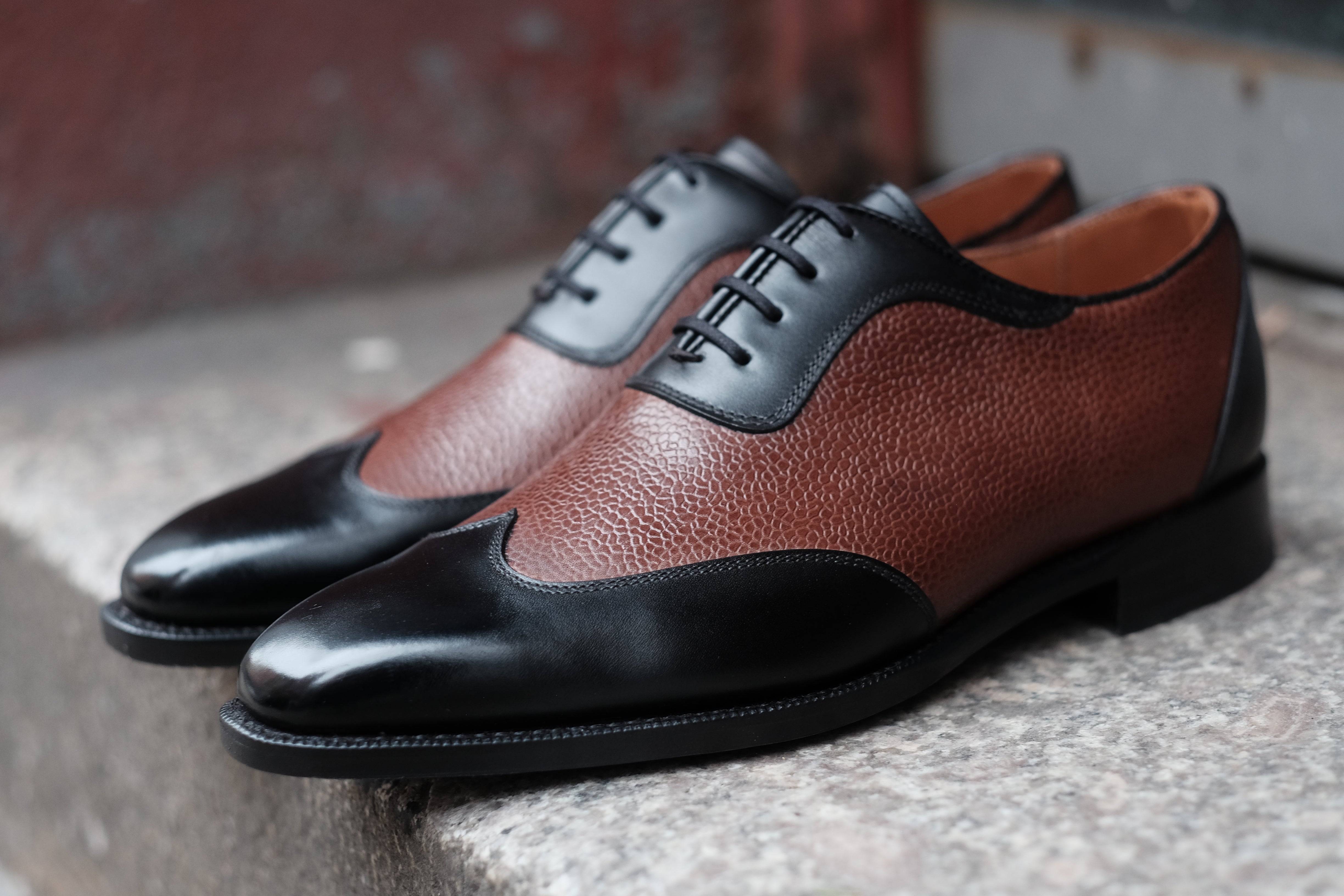 Rainier - MTO - Black Calf / Brown Soft Grain - MGF Last - Single Leather Sole-Made To Order Austerity Brogue Adelaide Oxfords-J.FitzPatrick Footwear