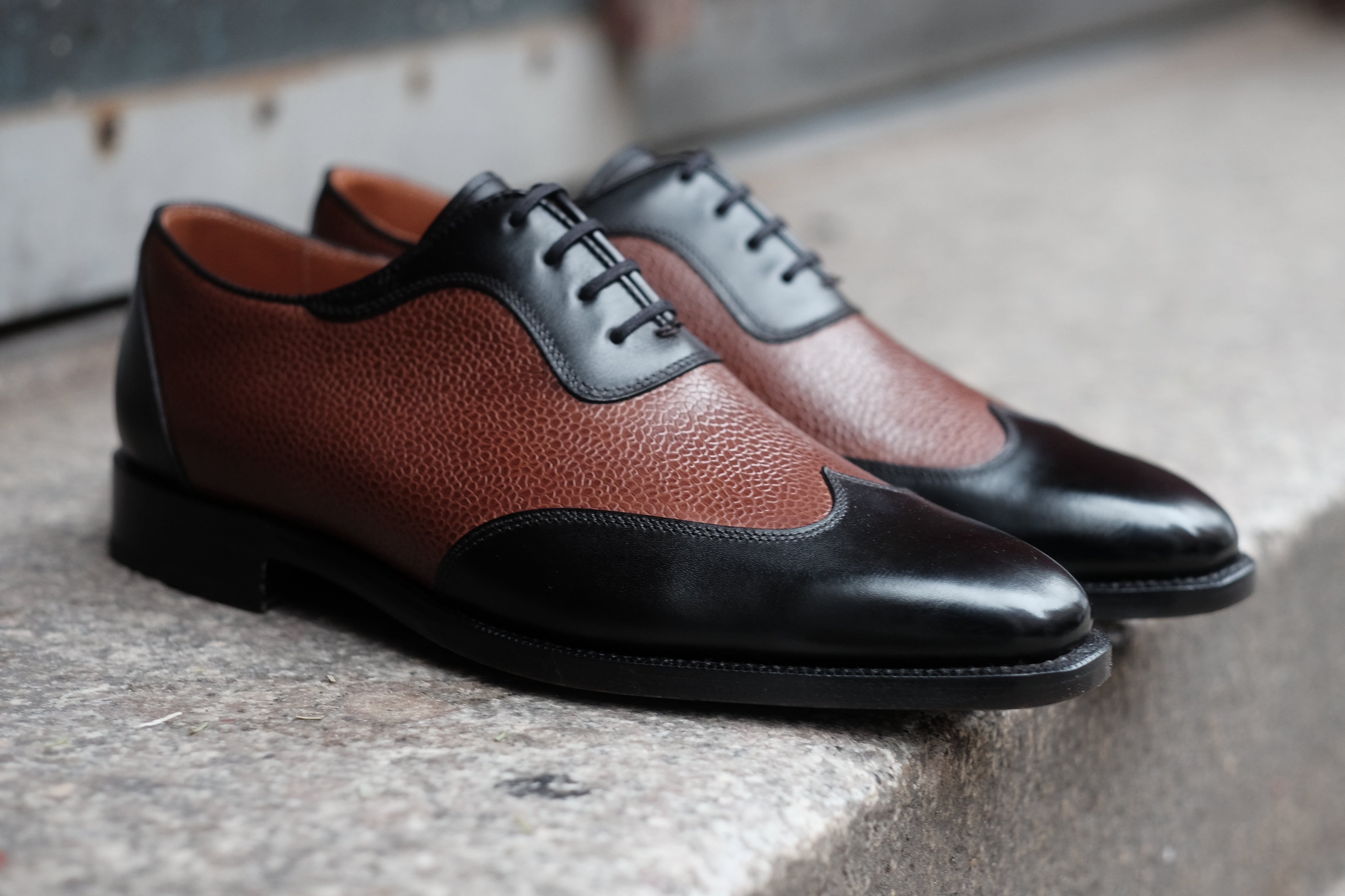 Rainier - MTO - Black Calf / Brown Soft Grain - MGF Last - Single Leather Sole-Made To Order Austerity Brogue Adelaide Oxfords-J.FitzPatrick Footwear
