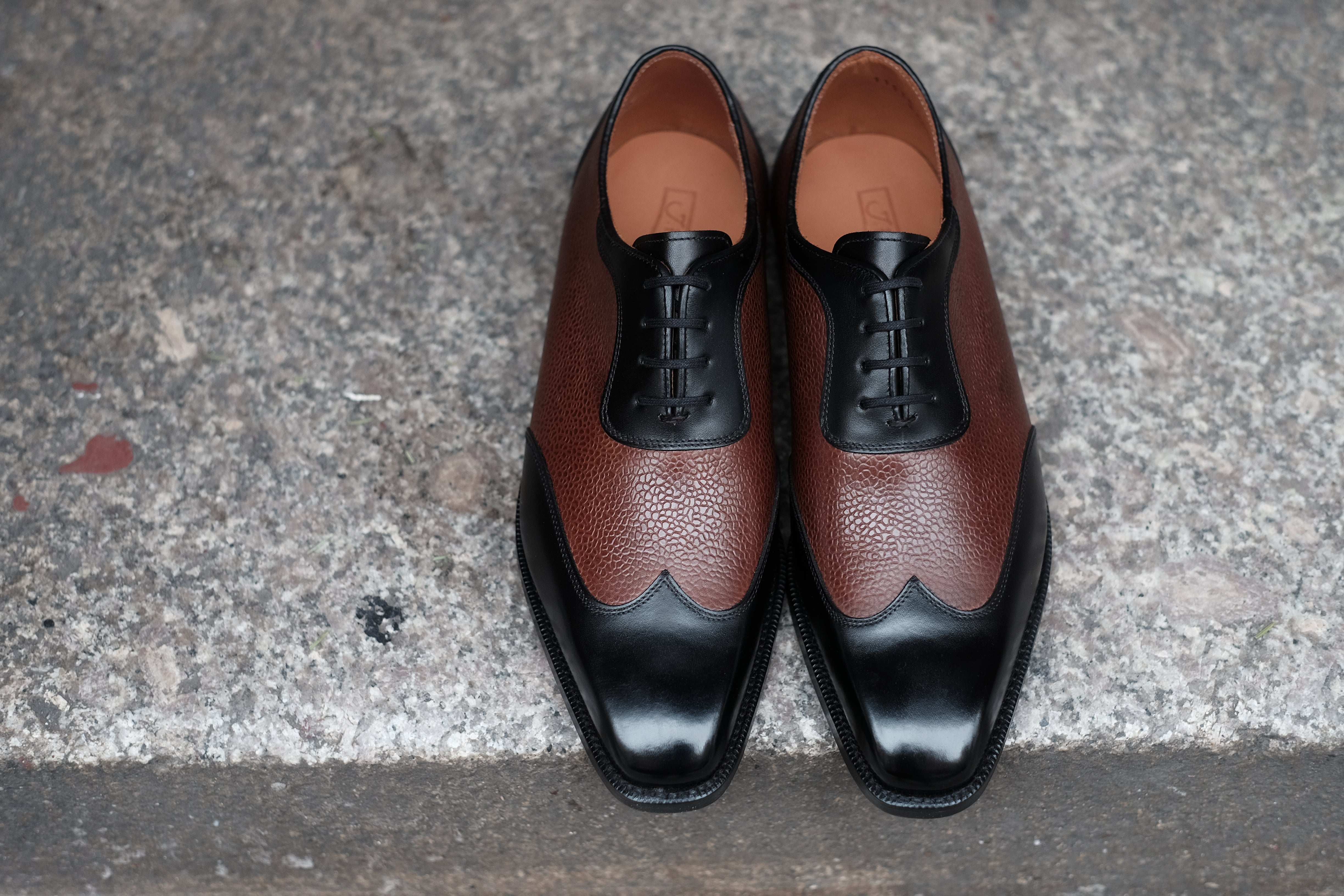 Rainier - MTO - Black Calf / Brown Soft Grain - MGF Last - Single Leather Sole-Made To Order Austerity Brogue Adelaide Oxfords-J.FitzPatrick Footwear