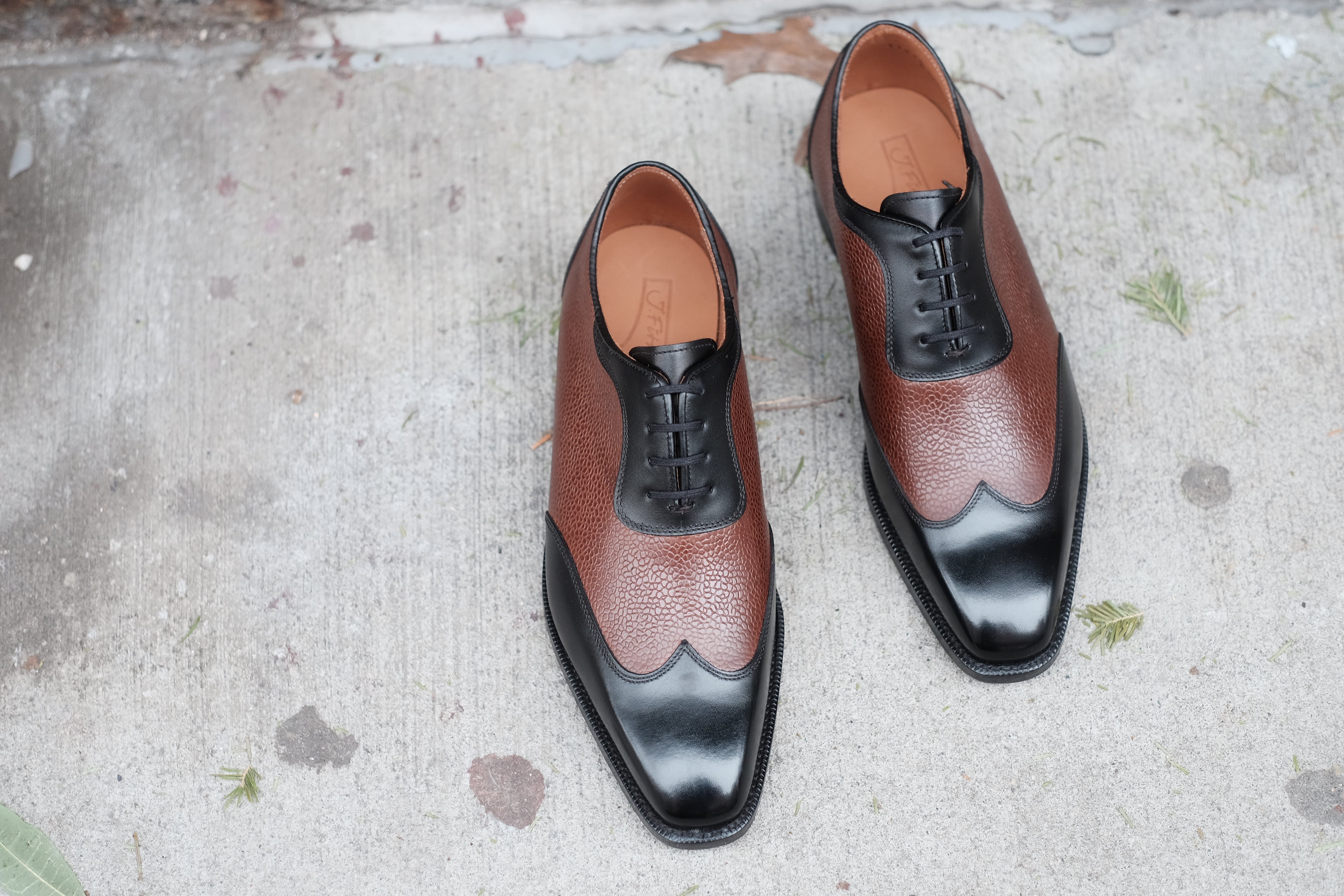 Rainier - MTO - Black Calf / Brown Soft Grain - MGF Last - Single Leather Sole-Made To Order Austerity Brogue Adelaide Oxfords-J.FitzPatrick Footwear