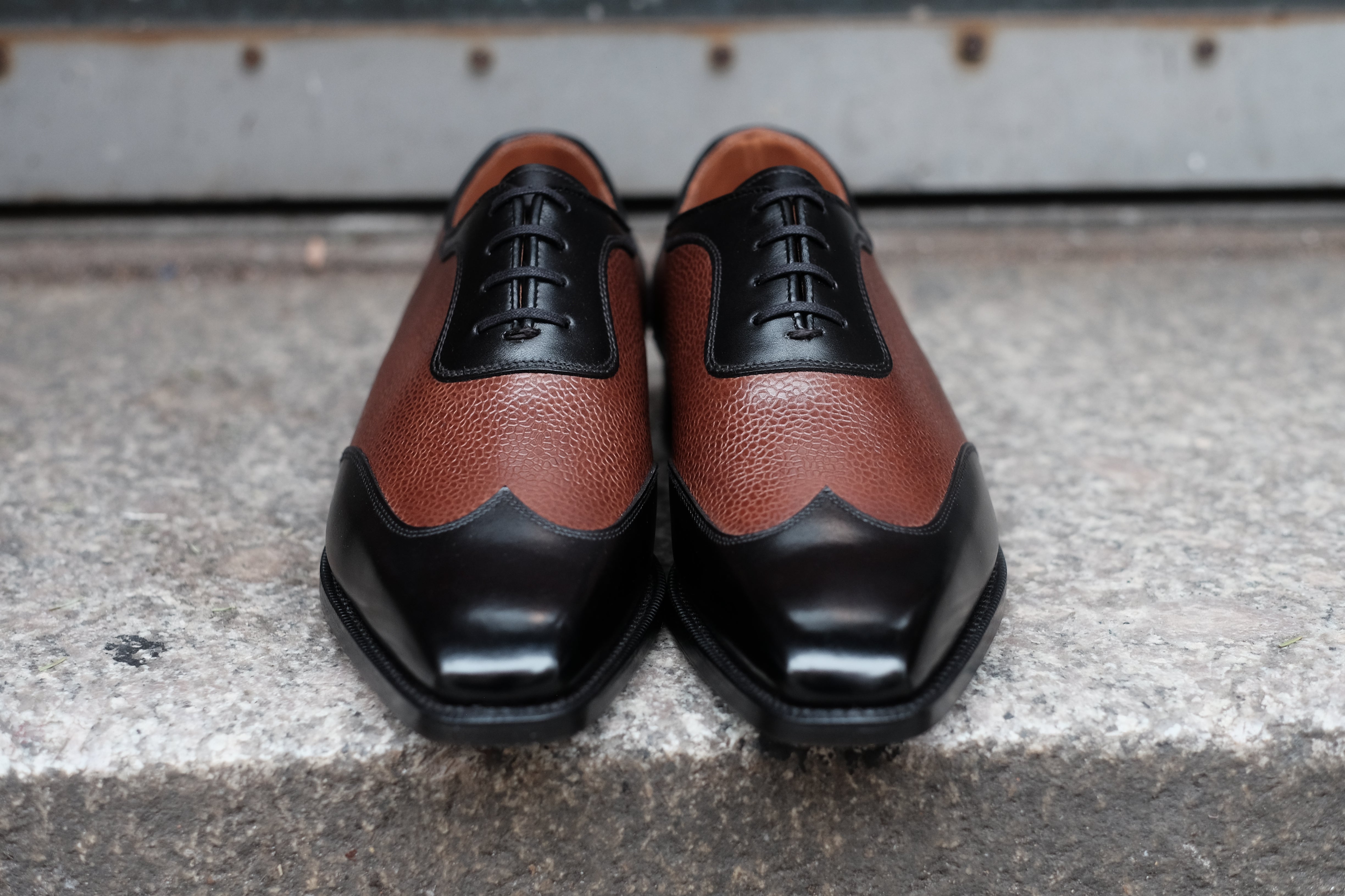Rainier - MTO - Black Calf / Brown Soft Grain - MGF Last - Single Leather Sole-Made To Order Austerity Brogue Adelaide Oxfords-J.FitzPatrick Footwear