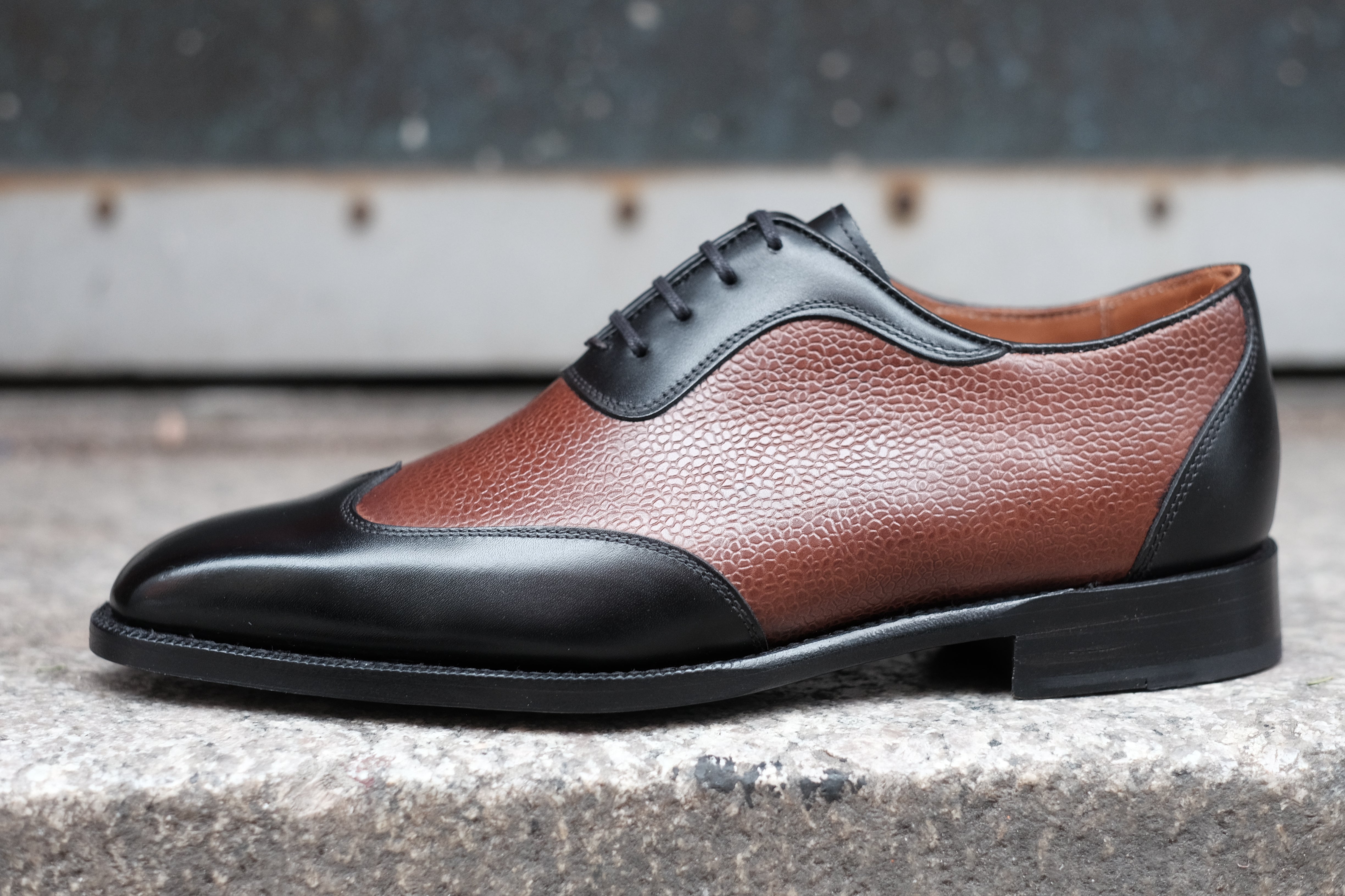 Rainier - MTO - Black Calf / Brown Soft Grain - MGF Last - Single Leather Sole-Made To Order Austerity Brogue Adelaide Oxfords-J.FitzPatrick Footwear