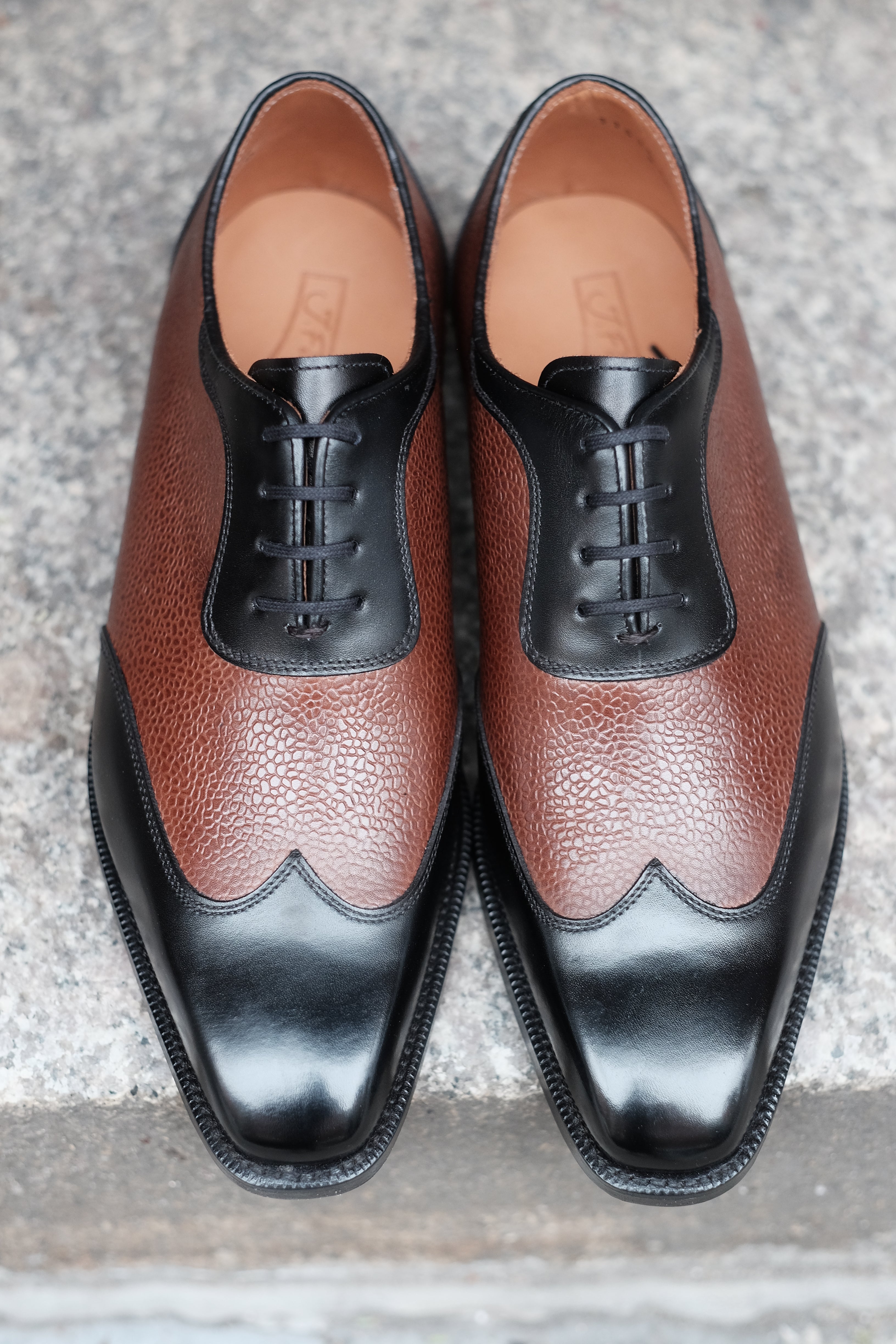 Rainier - MTO - Black Calf / Brown Soft Grain - MGF Last - Single Leather Sole-Made To Order Austerity Brogue Adelaide Oxfords-J.FitzPatrick Footwear