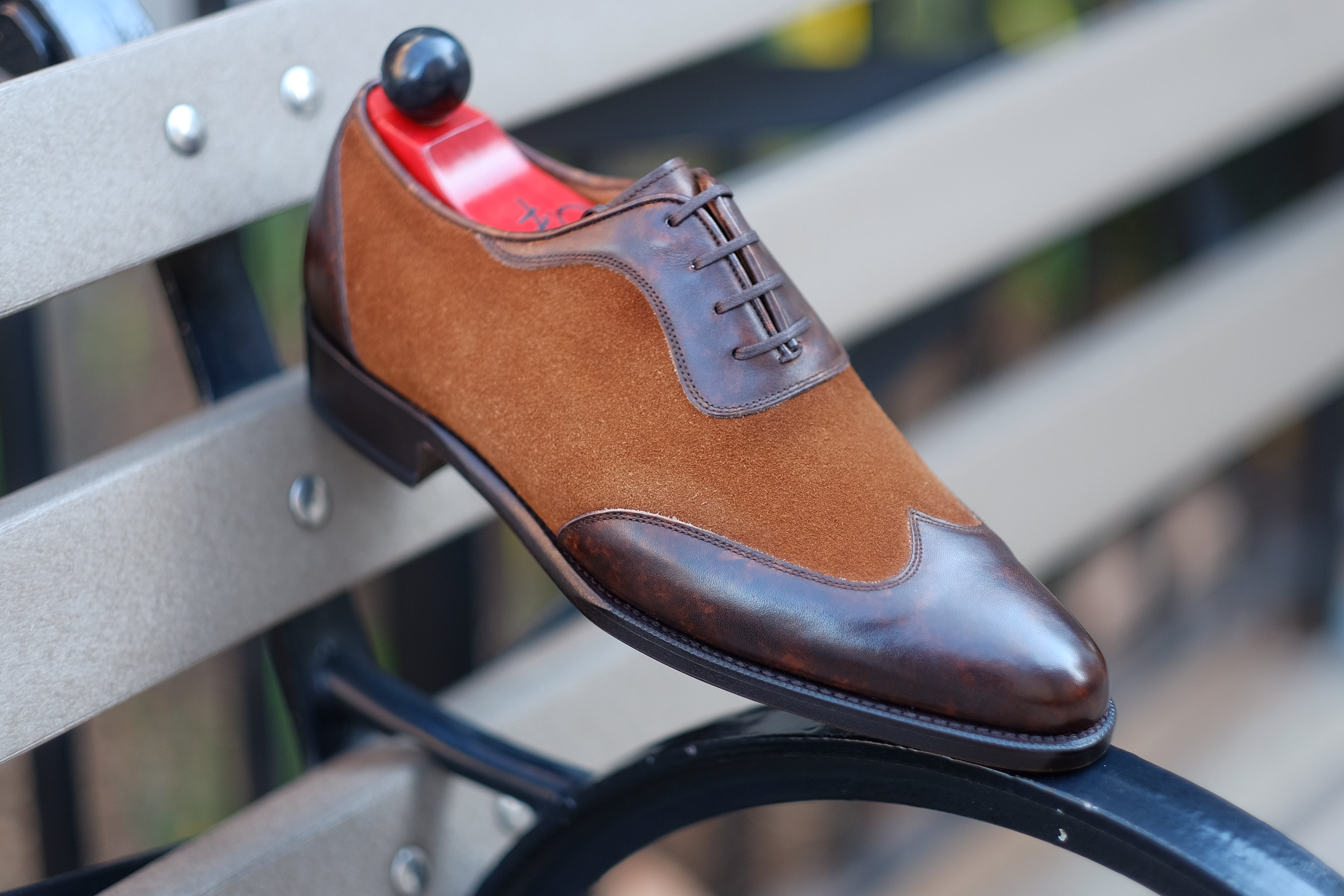 Rainier - MTO - Dark Brown Marble Patina / Snuff Suede - JKF Last - Single Leather Sole-Made To Order Austerity Brogue Adelaide Oxfords-J.FitzPatrick Footwear