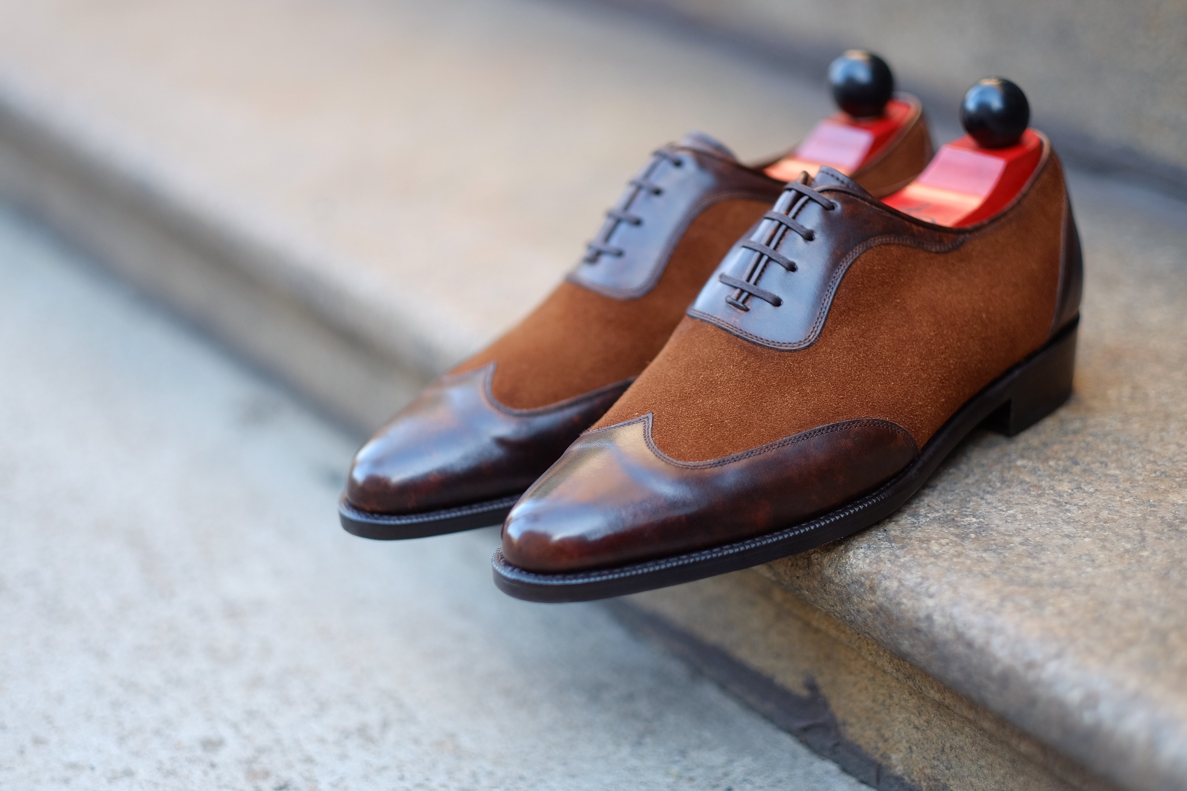 Rainier - MTO - Dark Brown Marble Patina / Snuff Suede - JKF Last - Single Leather Sole-Made To Order Austerity Brogue Adelaide Oxfords-J.FitzPatrick Footwear