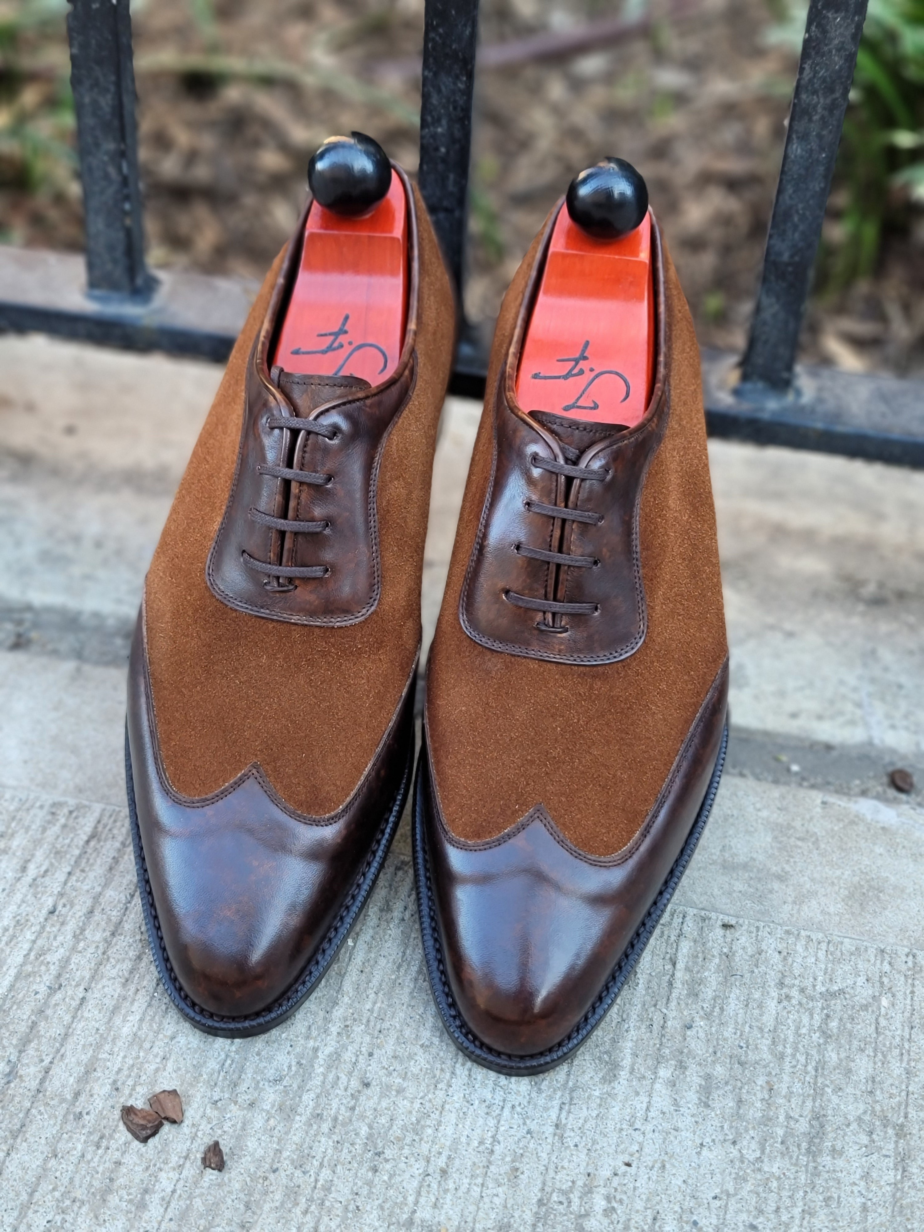 Rainier - MTO - Dark Brown Marble Patina / Snuff Suede - JKF Last - Single Leather Sole-Made To Order Austerity Brogue Adelaide Oxfords-J.FitzPatrick Footwear