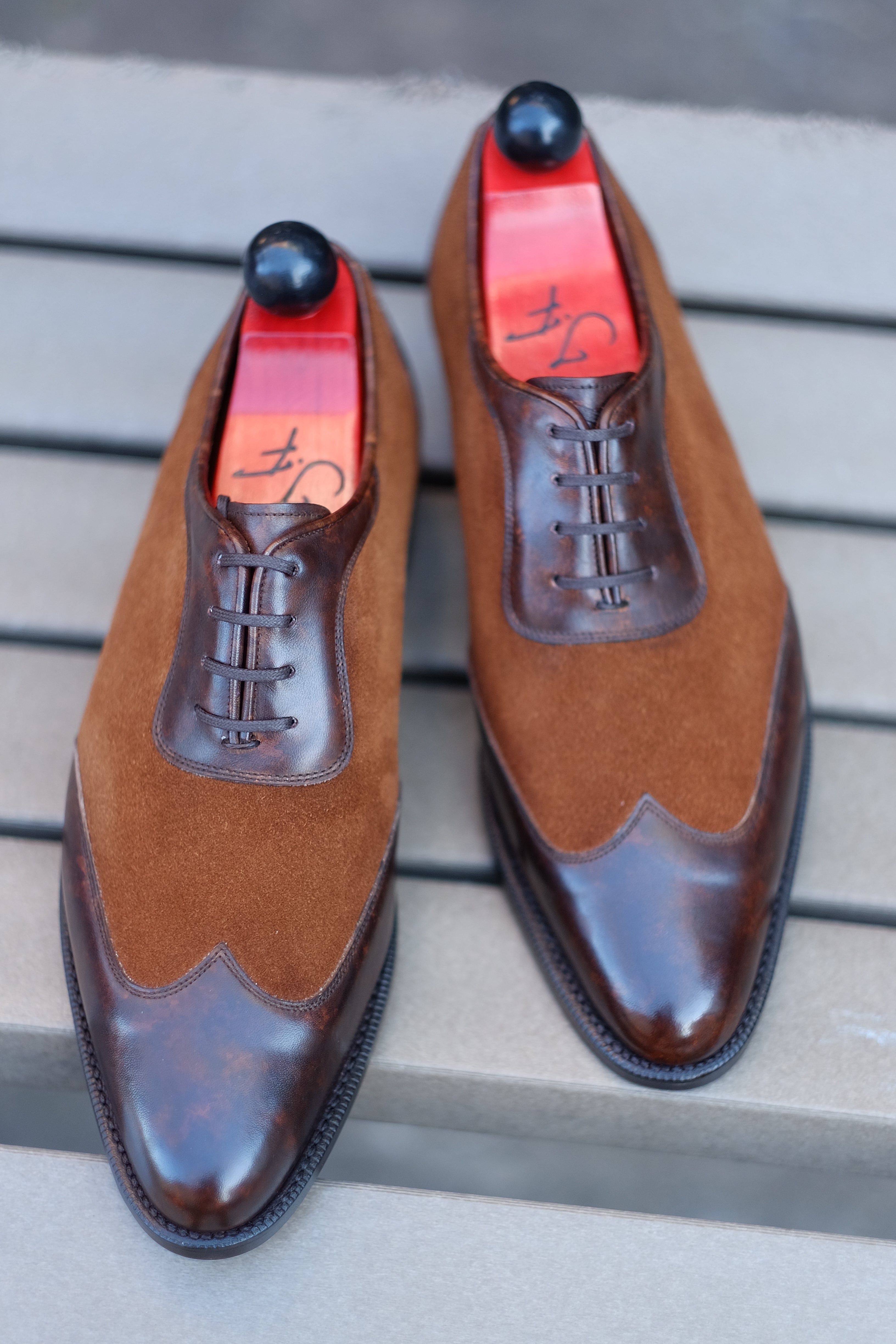 Rainier - MTO - Dark Brown Marble Patina / Snuff Suede - JKF Last - Single Leather Sole-Made To Order Austerity Brogue Adelaide Oxfords-J.FitzPatrick Footwear