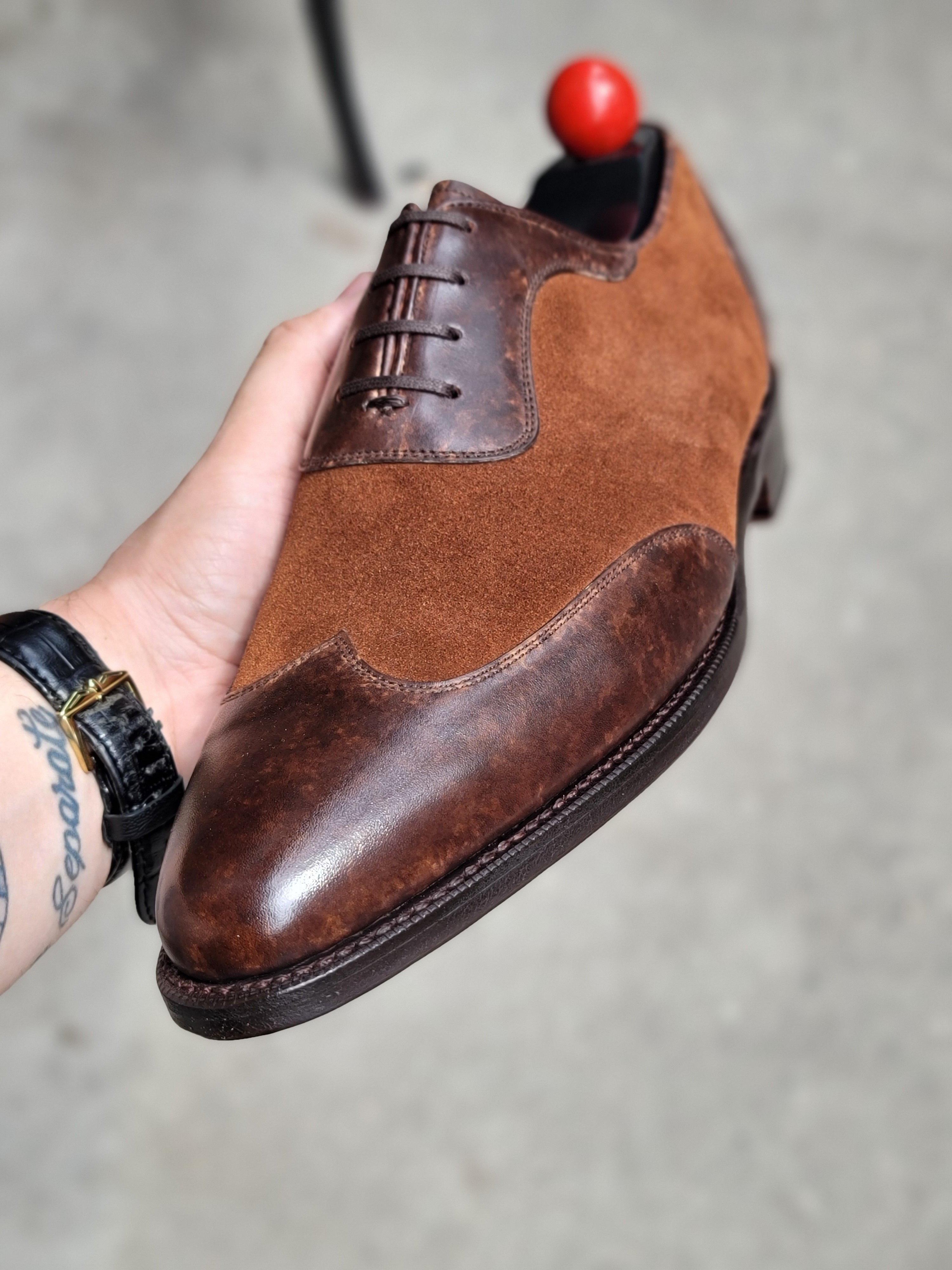 Rainier - MTO - Dark Brown Marble Patina / Snuff Suede - JKF Last - Single Leather Sole-Made To Order Austerity Brogue Adelaide Oxfords-J.FitzPatrick Footwear