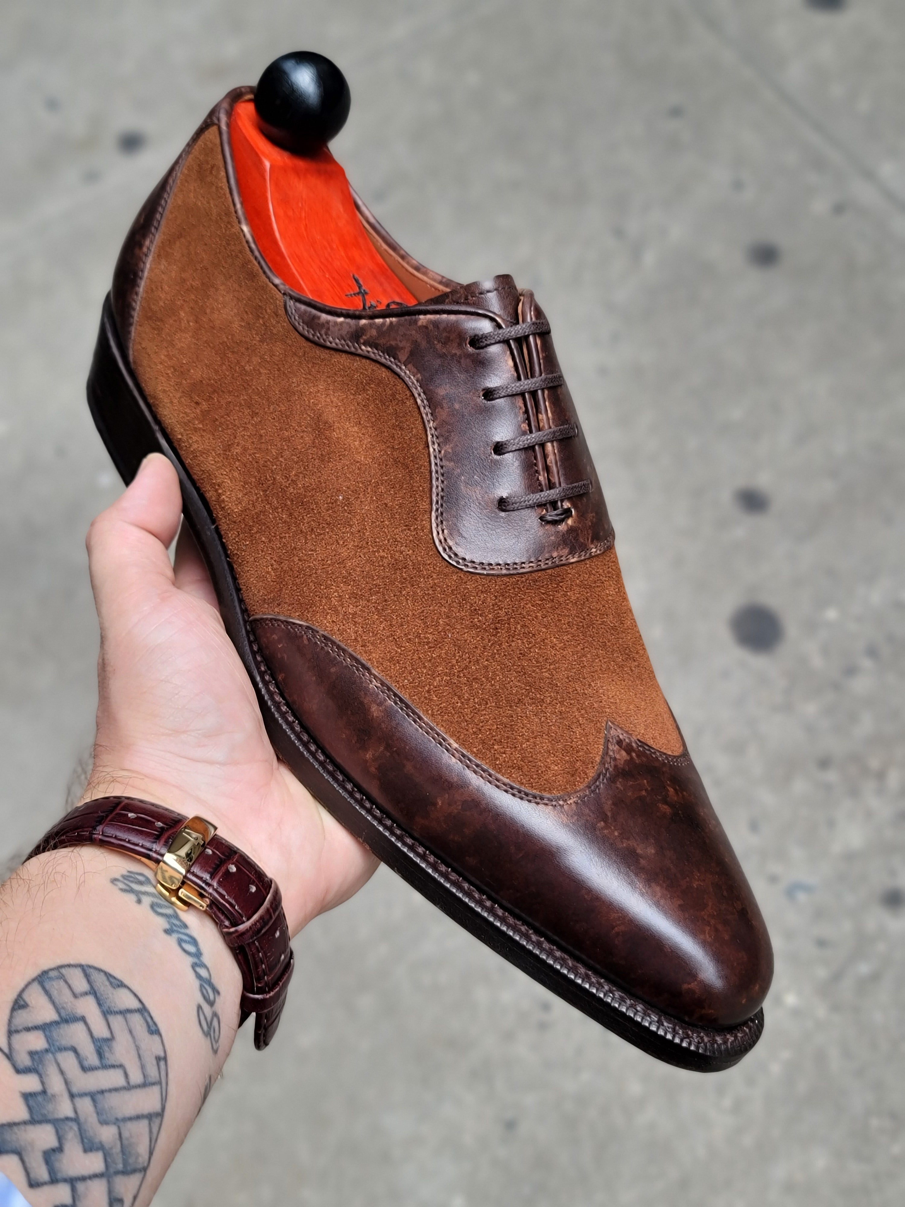 Rainier - MTO - Dark Brown Marble Patina / Snuff Suede - JKF Last - Single Leather Sole-Made To Order Austerity Brogue Adelaide Oxfords-J.FitzPatrick Footwear